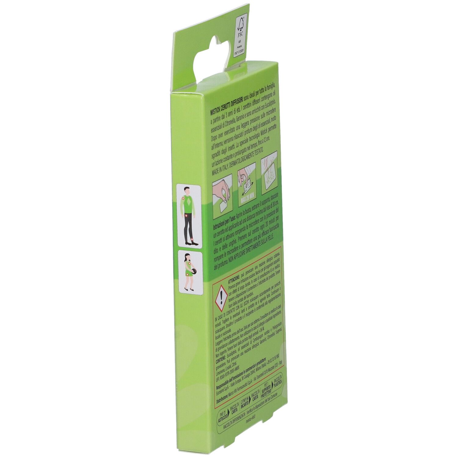 Vista laterale della confezione verde. Testo e illustrazioni. Marca: Mistick Cerotti Diffusori.