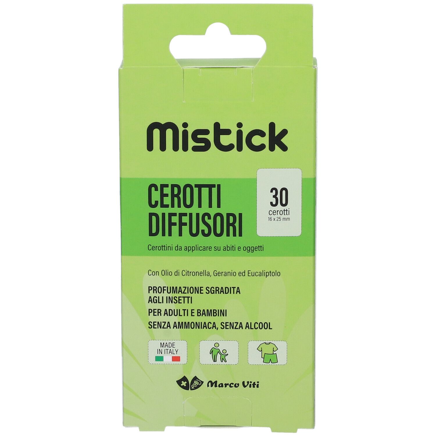 Confezione verde con nome e testo del prodotto. Contiene 30 cerotti. Marca: Mistick Cerotti Diffusori.