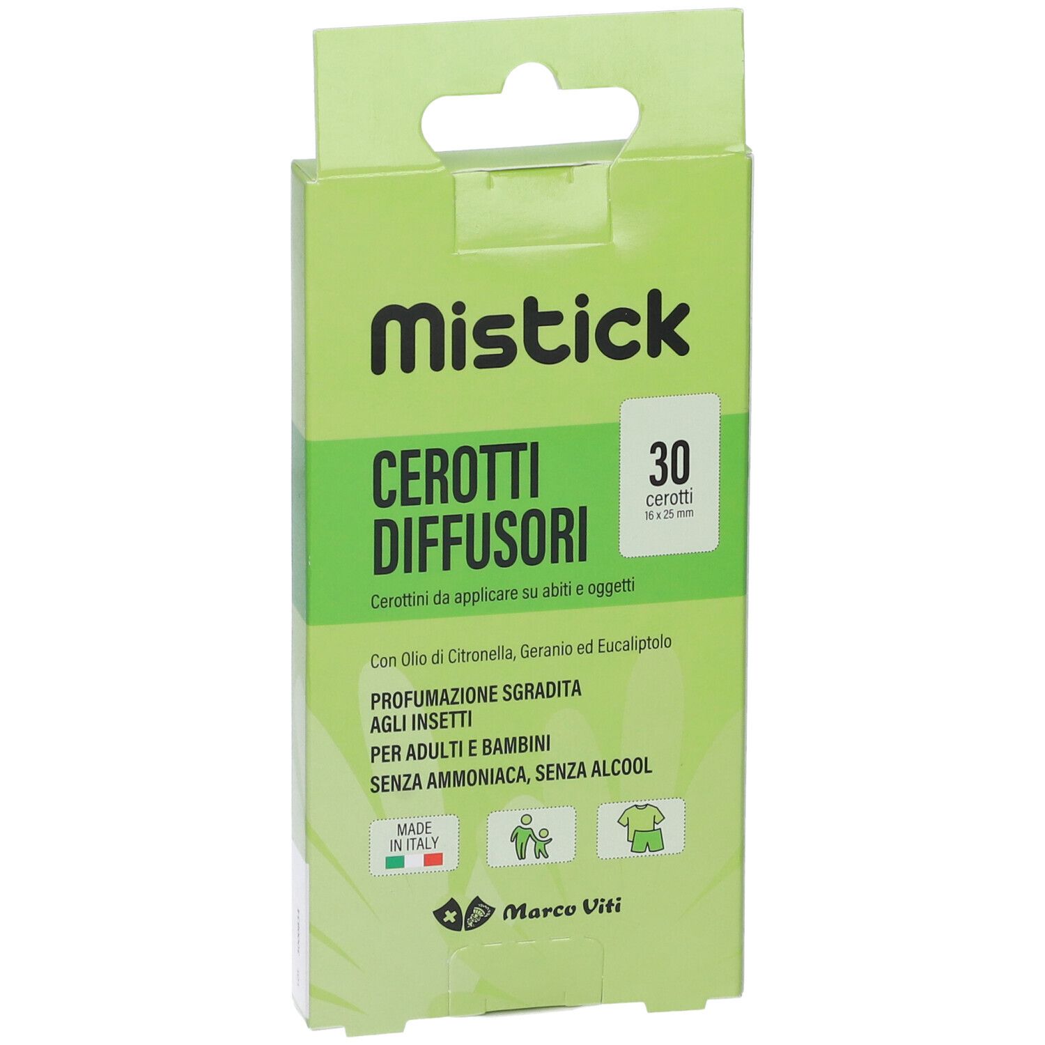 Confezione verde con nome e testo del prodotto. Contiene 30 cerotti. Marca: Mistick Cerotti Diffusori.