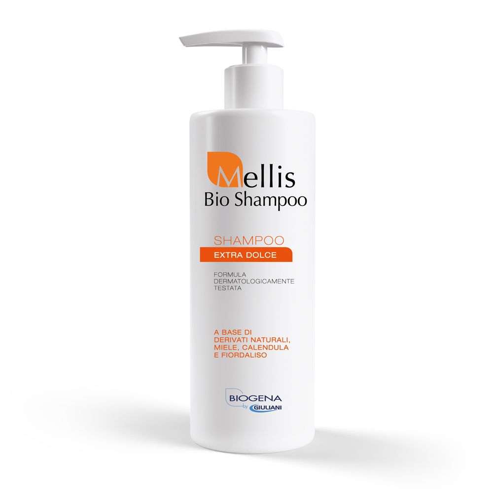 Flacone bianco con dosatore. Scritta: Mellis Bio Shampoo, Extra Dolce. Logo e testo arancione.