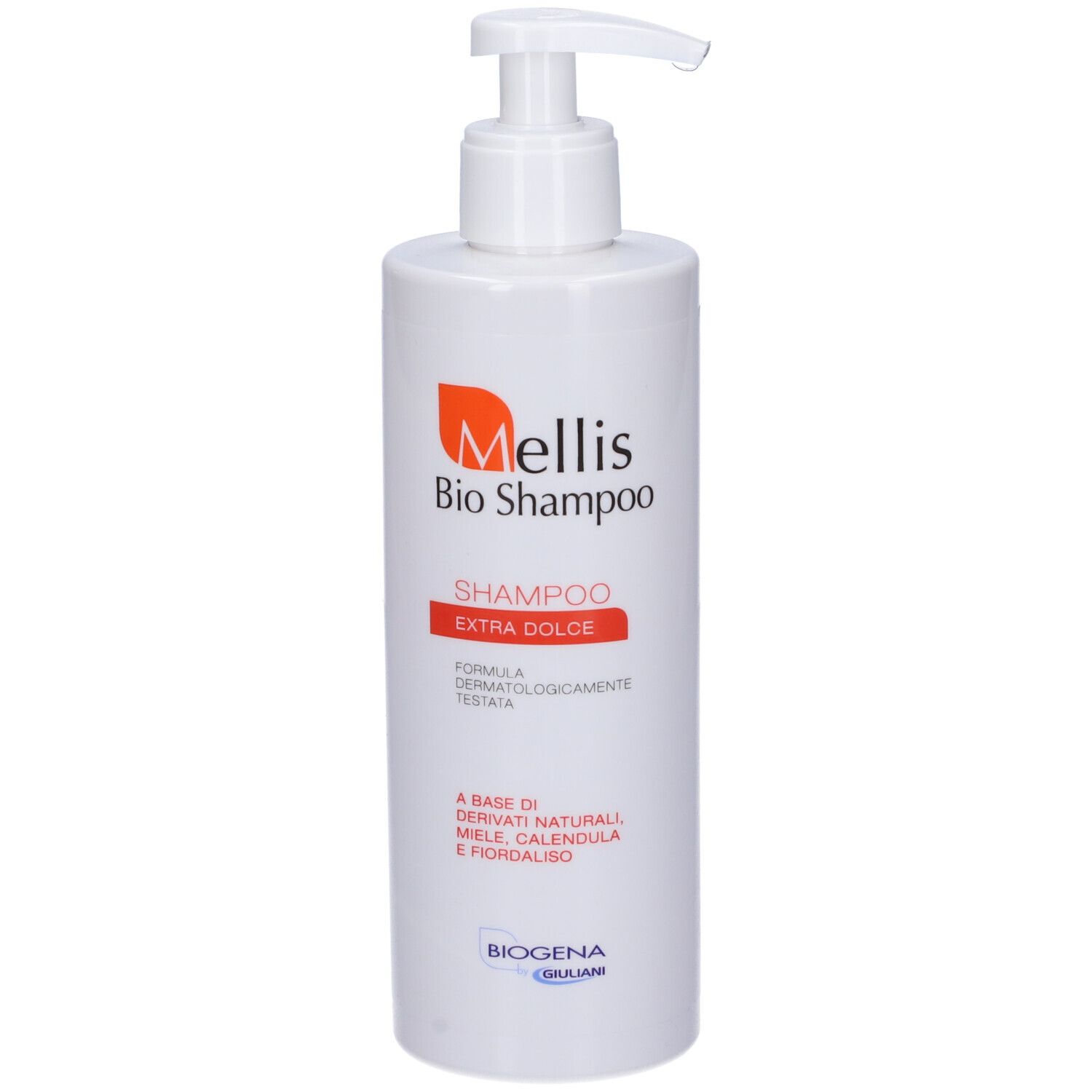 Flacone bianco con dosatore. Scritta: Mellis Bio Shampoo, Extra Dolce. Logo e testo arancione.