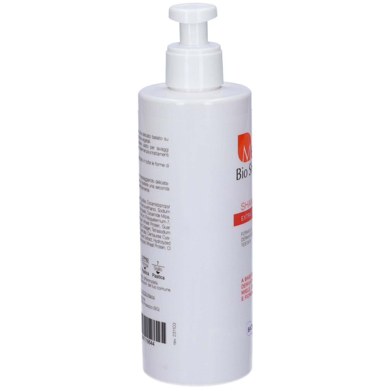 Flacone bianco con dosatore. Retro con testo e codice a barre. Scritta: Mellis Bio Shampoo.