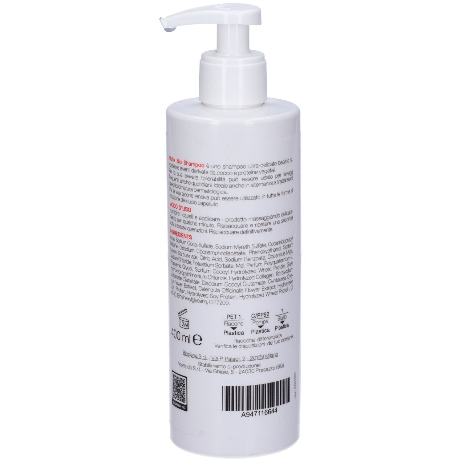 Flacone bianco con dosatore. Retro con testo e codice a barre. Scritta: Mellis Bio Shampoo, 400 ml.