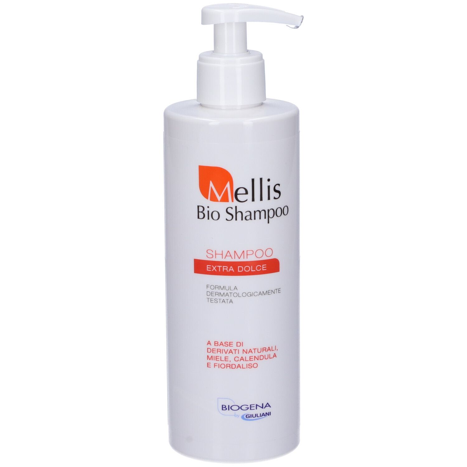 Flacone bianco con dosatore. Scritta: Mellis Bio Shampoo, Extra Dolce. Logo e testo arancione.
