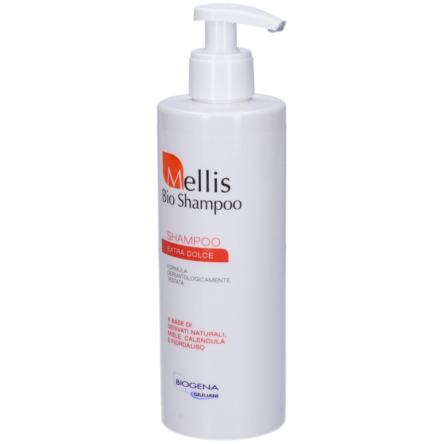 Flacone bianco con dosatore. Scritta: Mellis Bio Shampoo, Extra Dolce. Logo e testo arancione.