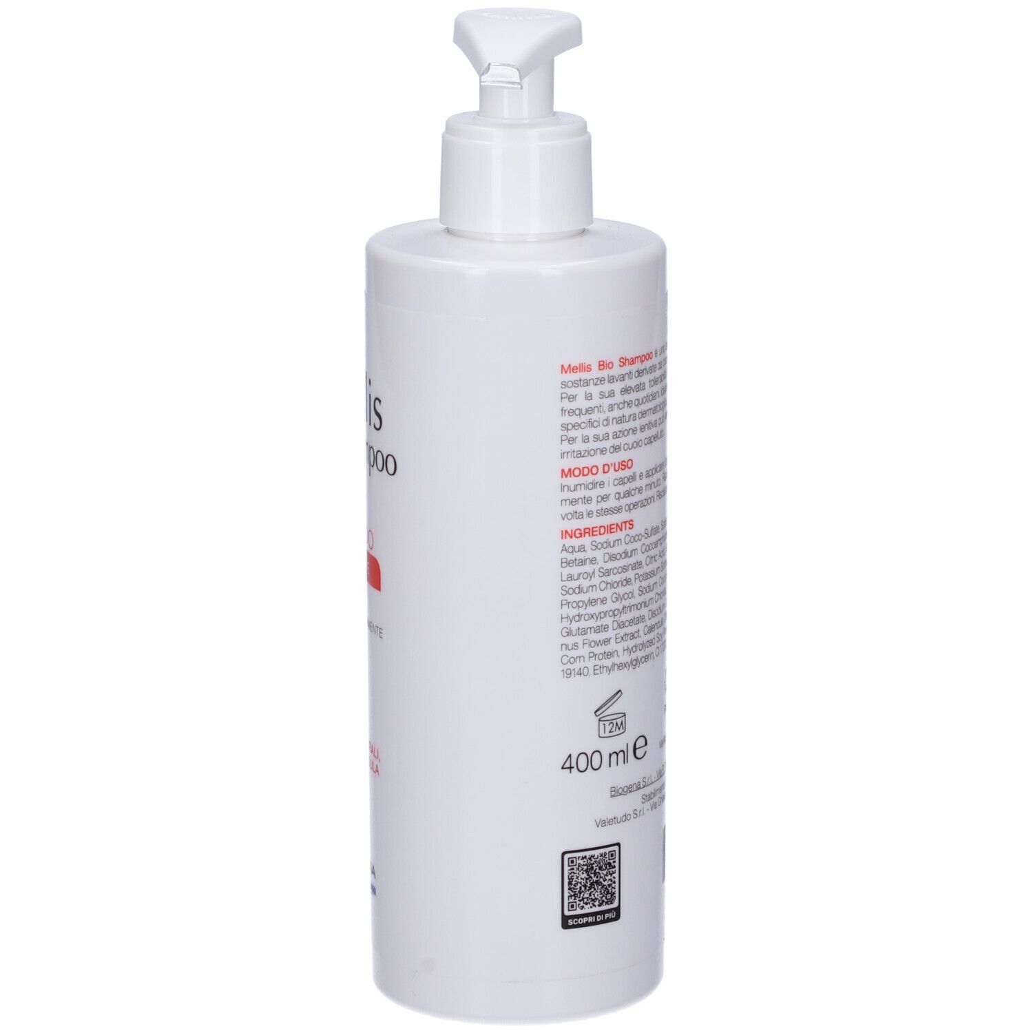 Flacone bianco con dosatore. Retro con testo e codice a barre. Scritta: Mellis Bio Shampoo, 400 ml.