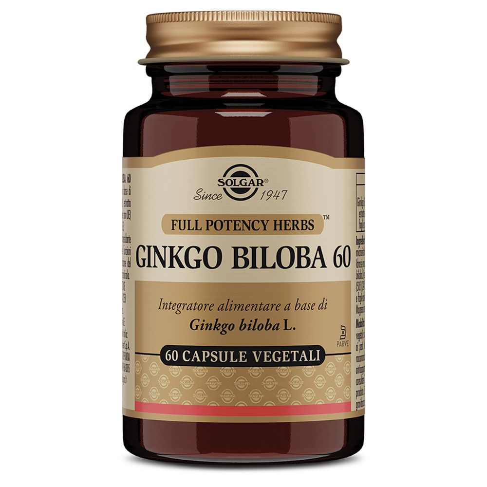 Flacone di vetro marrone con tappo dorato. L'etichetta indica: GINKGO BILOBA 60, 60 Capsule Vegetali. Marchio: Solgar.
