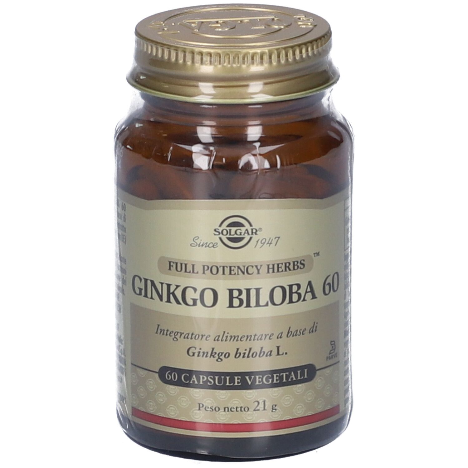 Flacone di vetro marrone con tappo dorato. Contiene capsule. L'etichetta indica: GINKGO BILOBA 60, 60 Capsule Vegetali. Marchio: Solgar.
