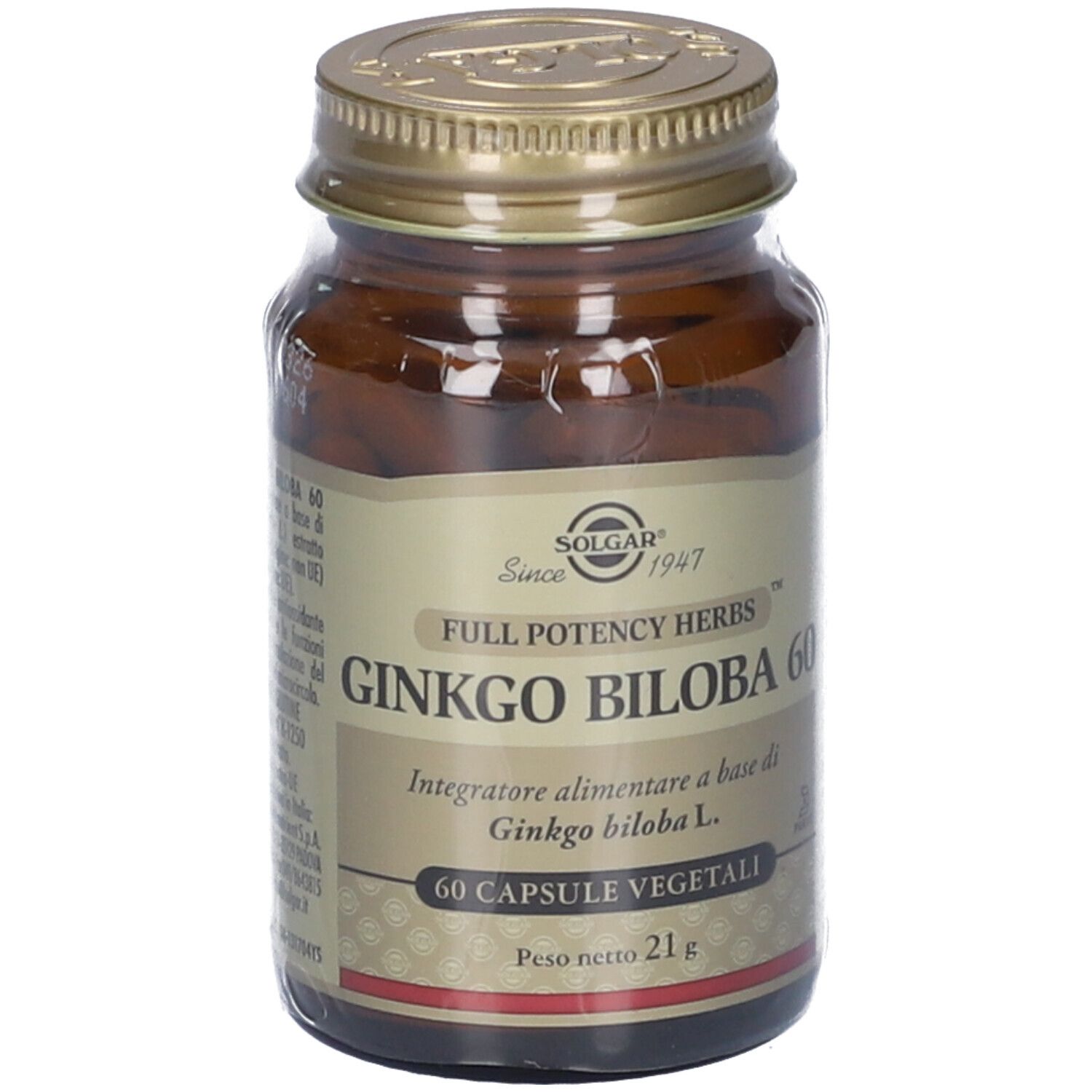 Flacone di vetro marrone con tappo dorato. L'etichetta indica: GINKGO BILOBA 60, 60 Capsule Vegetali. Marchio: Solgar.