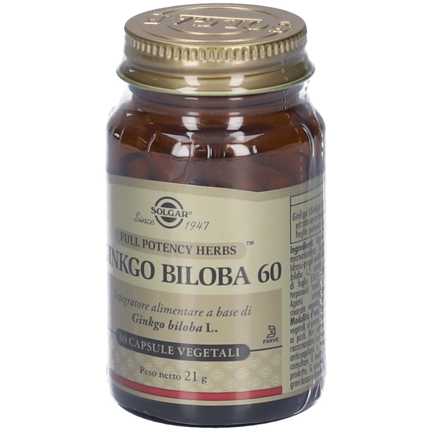 Flacone di vetro marrone con tappo dorato. L'etichetta indica: GINKGO BILOBA 60, 60 Capsule Vegetali. Marchio: Solgar.