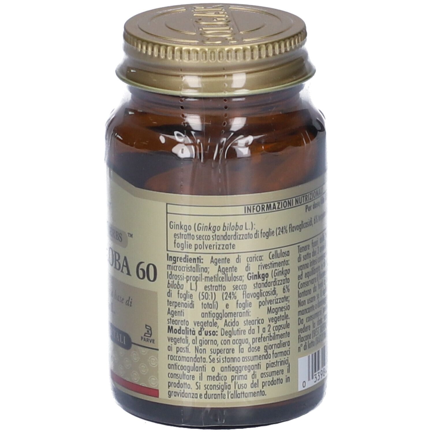 Retro di un flacone di vetro marrone con tappo dorato. L'etichetta contiene ingredienti e istruzioni per l'uso.