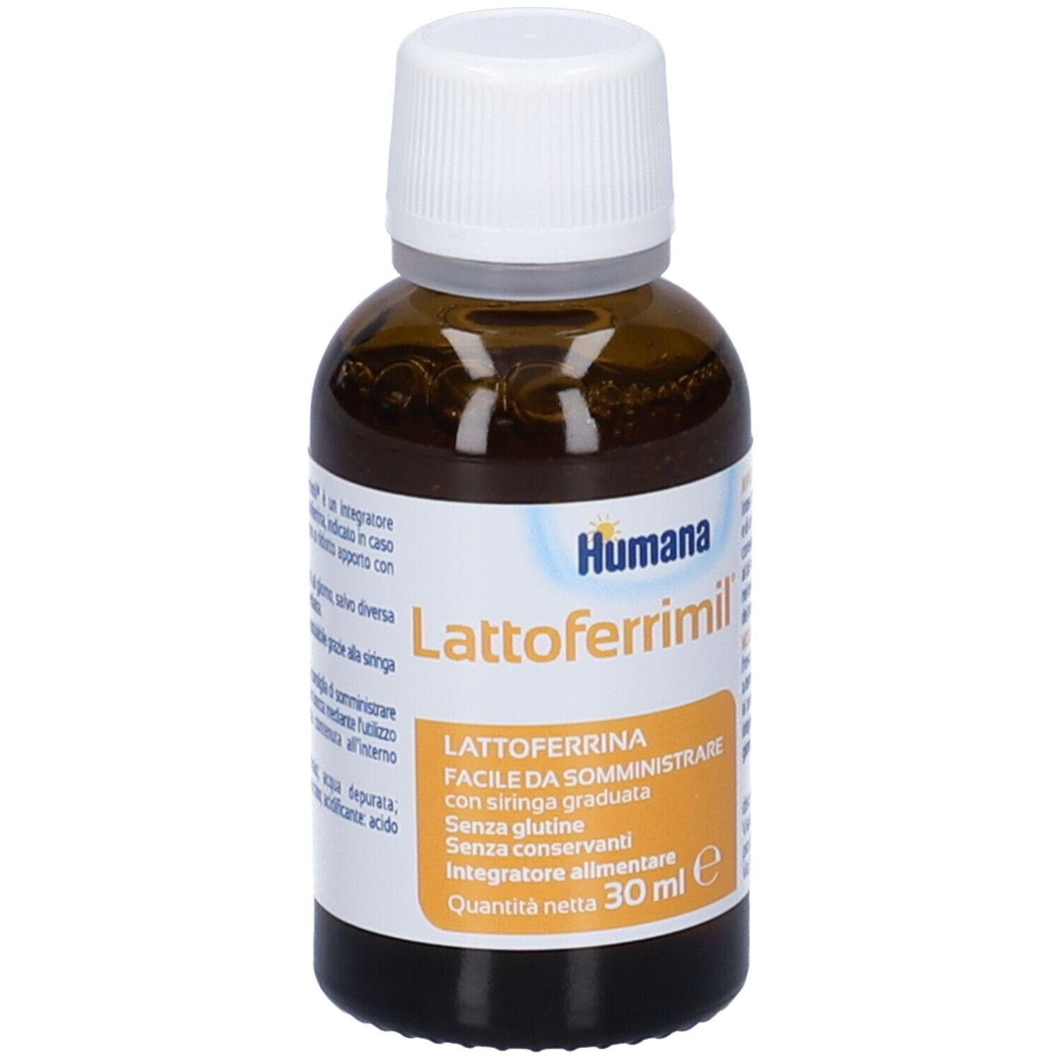 Braune Glasflasche mit weißem Deckel. Aufschrift: Humana Lattoferrimil. Etikett mit Produktinformationen.