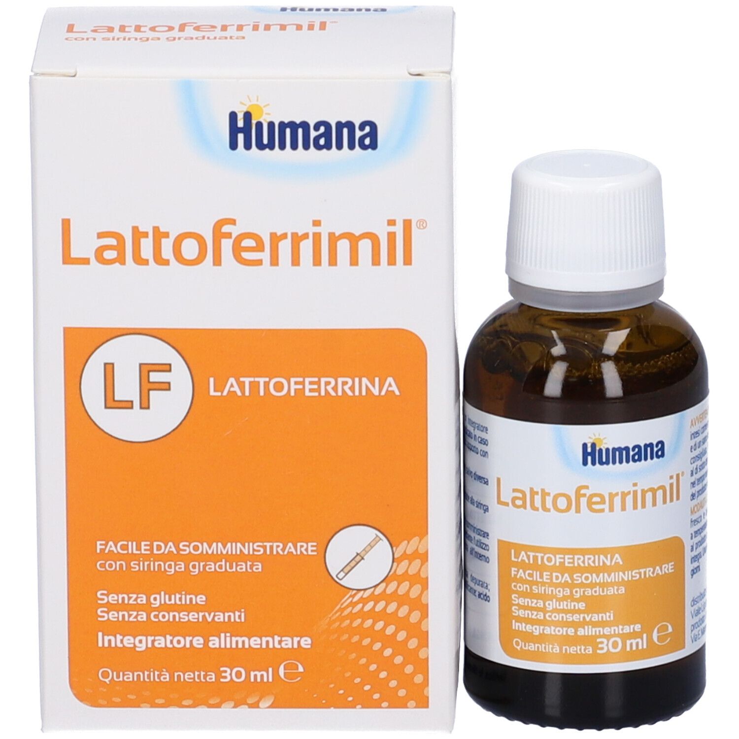 Produkt Lattoferrimil und Verpackung. Flasche und Karton mit Produktinformationen und Logo Humana.