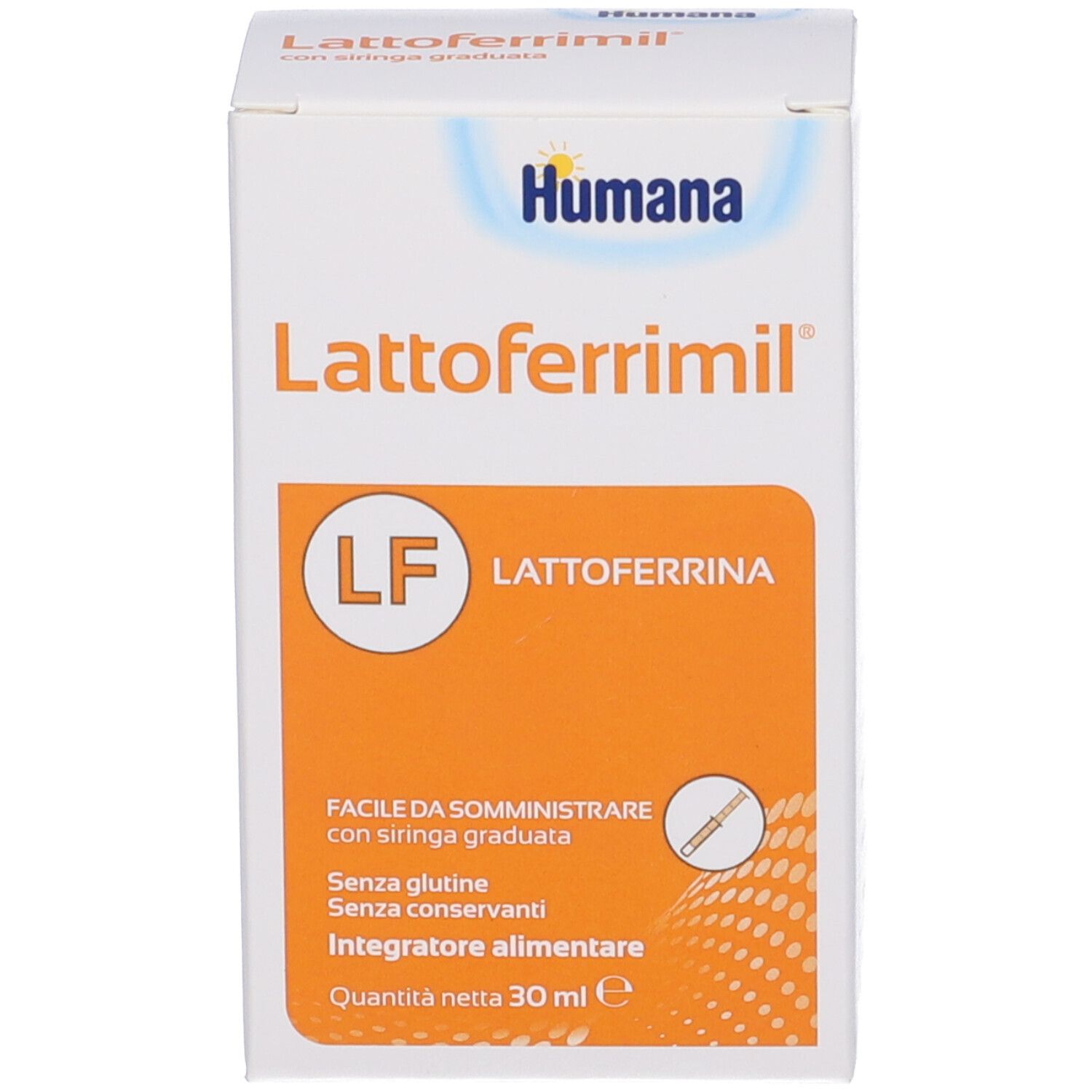 Produktverpackung. Karton mit Produktinformationen, Logo Humana und Produktname Lattoferrimil.