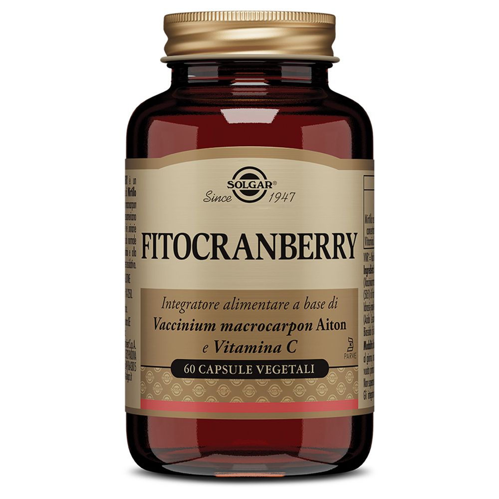 Flacone di vetro marrone con tappo dorato. Etichetta con "SOLGAR" e "FITOCRANBERRY". Contiene 60 capsule.