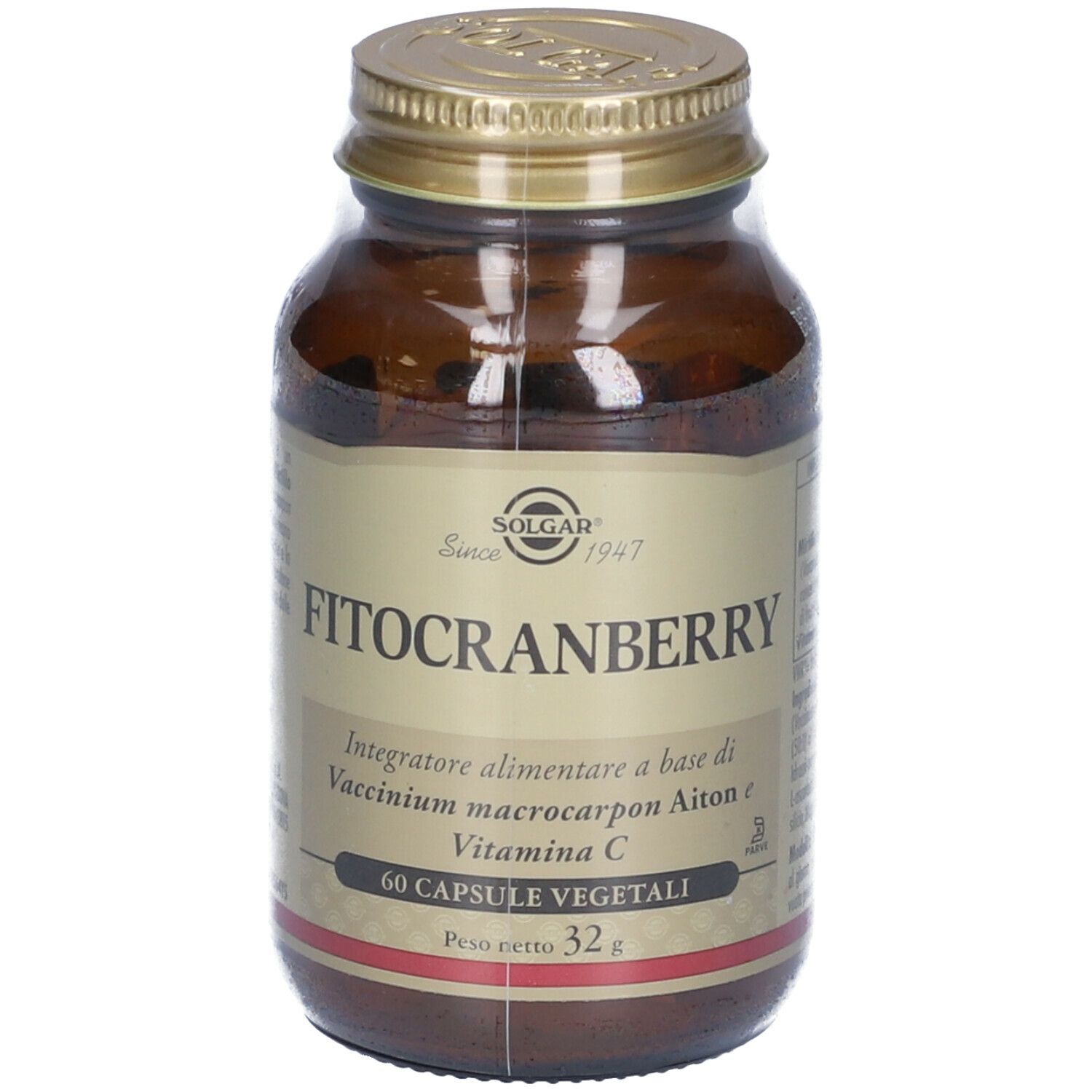 Flacone di vetro marrone con tappo dorato. Etichetta con "SOLGAR" e "FITOCRANBERRY". Contiene 60 capsule.