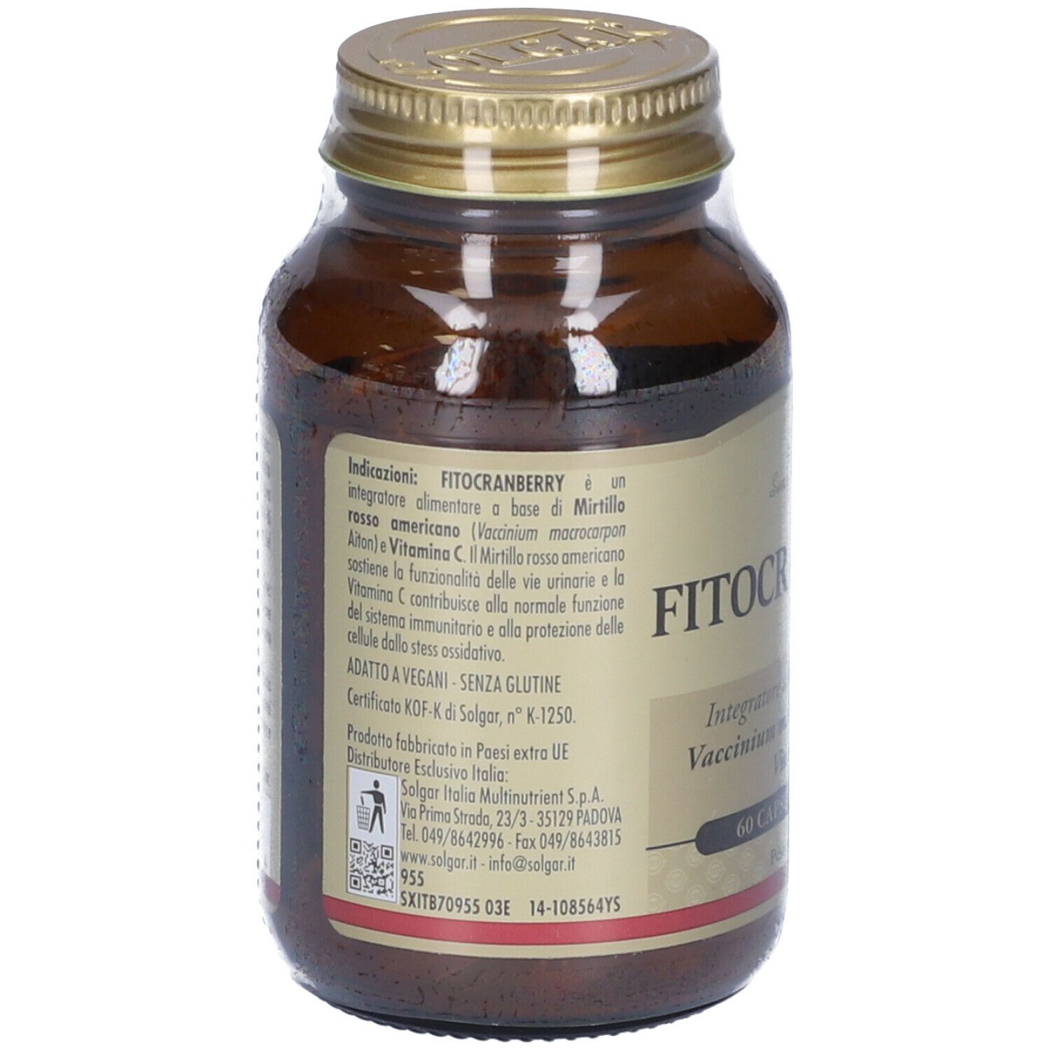 Retro del flacone di vetro marrone. Etichetta con informazioni sul prodotto, tra cui "FITOCRANBERRY" e ingredienti.