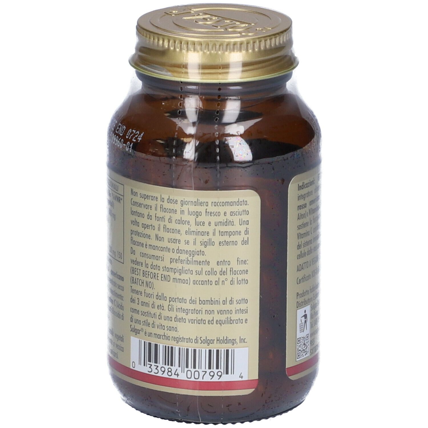 Retro del flacone di vetro marrone. Etichetta con informazioni sul prodotto, tra cui "FITOCRANBERRY" e ingredienti.