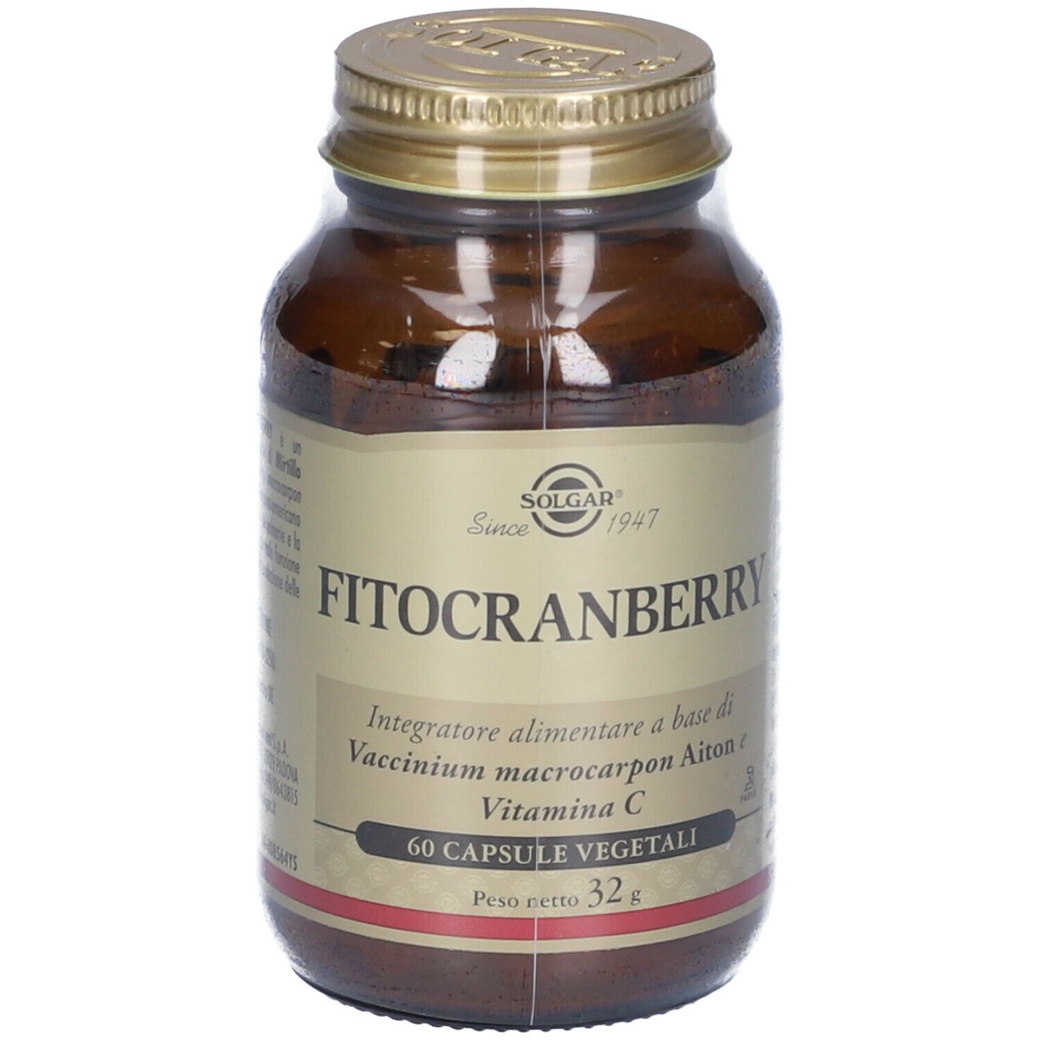 Flacone di vetro marrone con tappo dorato. Etichetta con "SOLGAR" e "FITOCRANBERRY". Contiene 60 capsule.