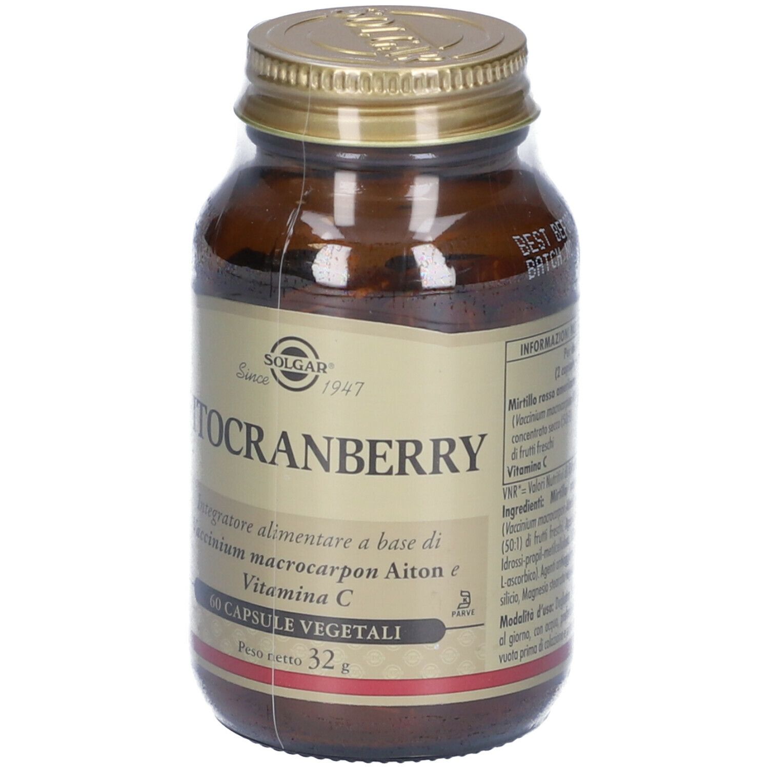 Flacone di vetro marrone con tappo dorato. Etichetta con "SOLGAR" e "FITOCRANBERRY". Contiene 60 capsule.