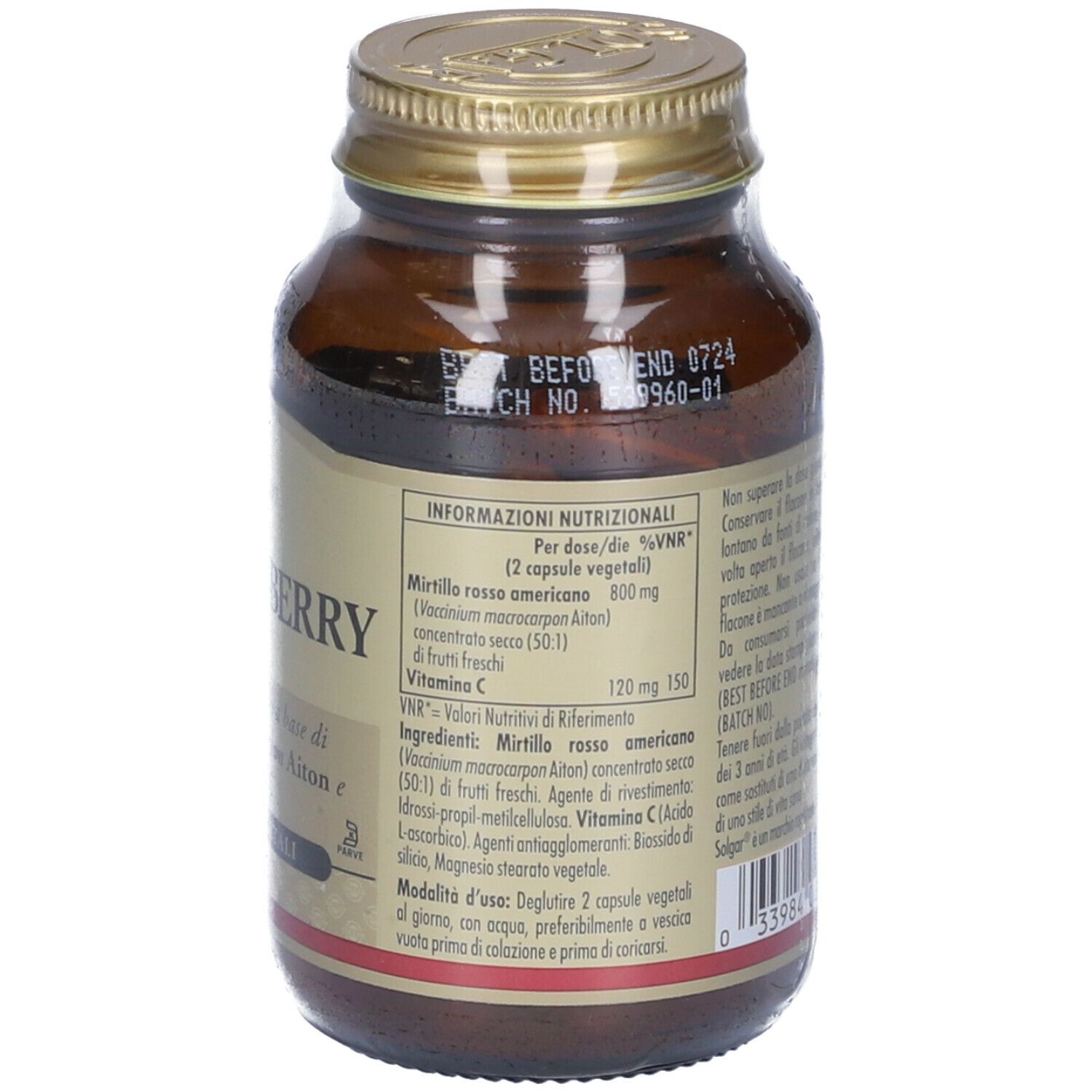 Retro del flacone di vetro marrone. Etichetta con informazioni nutrizionali, tra cui "FITOCRANBERRY" e ingredienti.