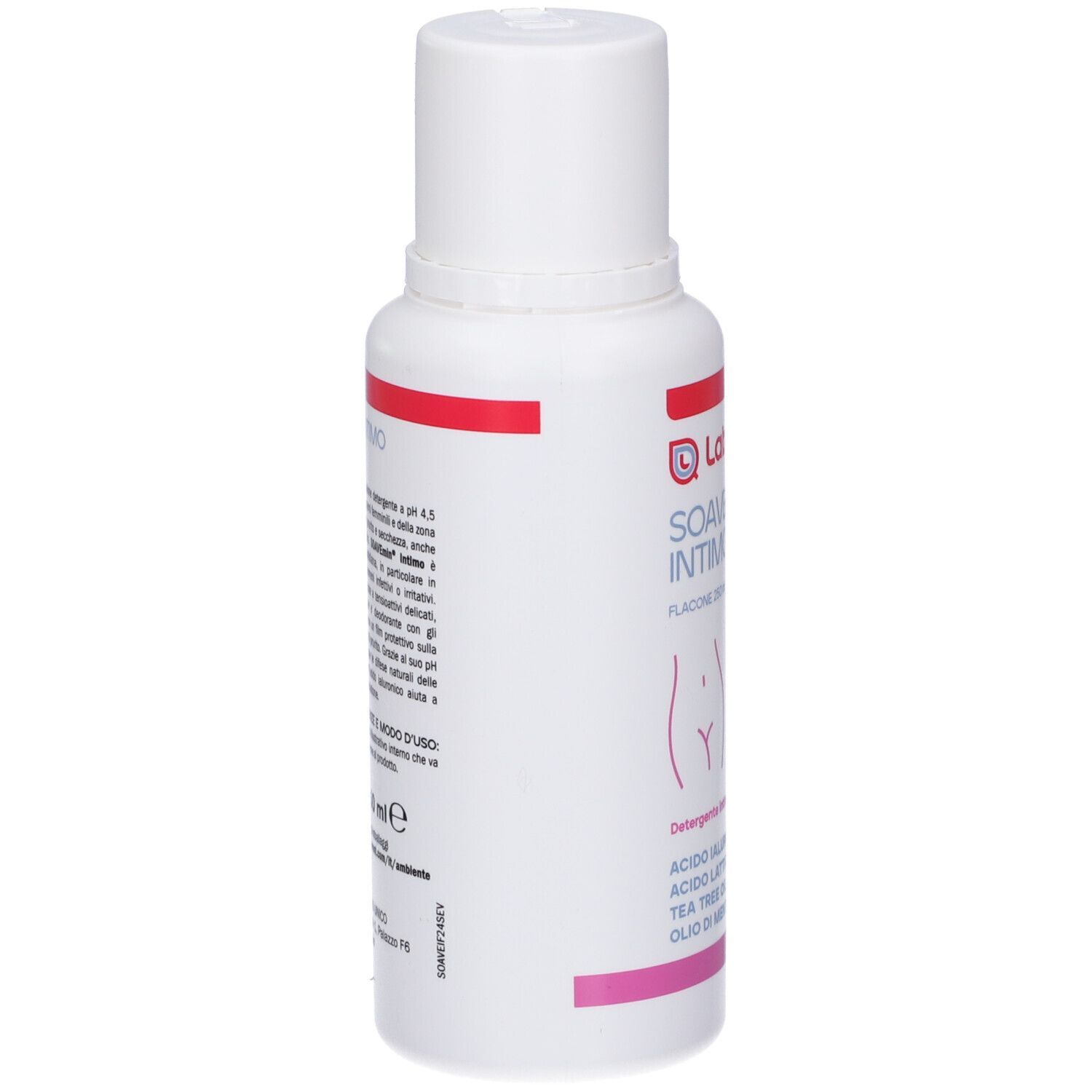 Weiße Flasche mit rotem und rosa Streifen, enthält Intimwaschmittel.