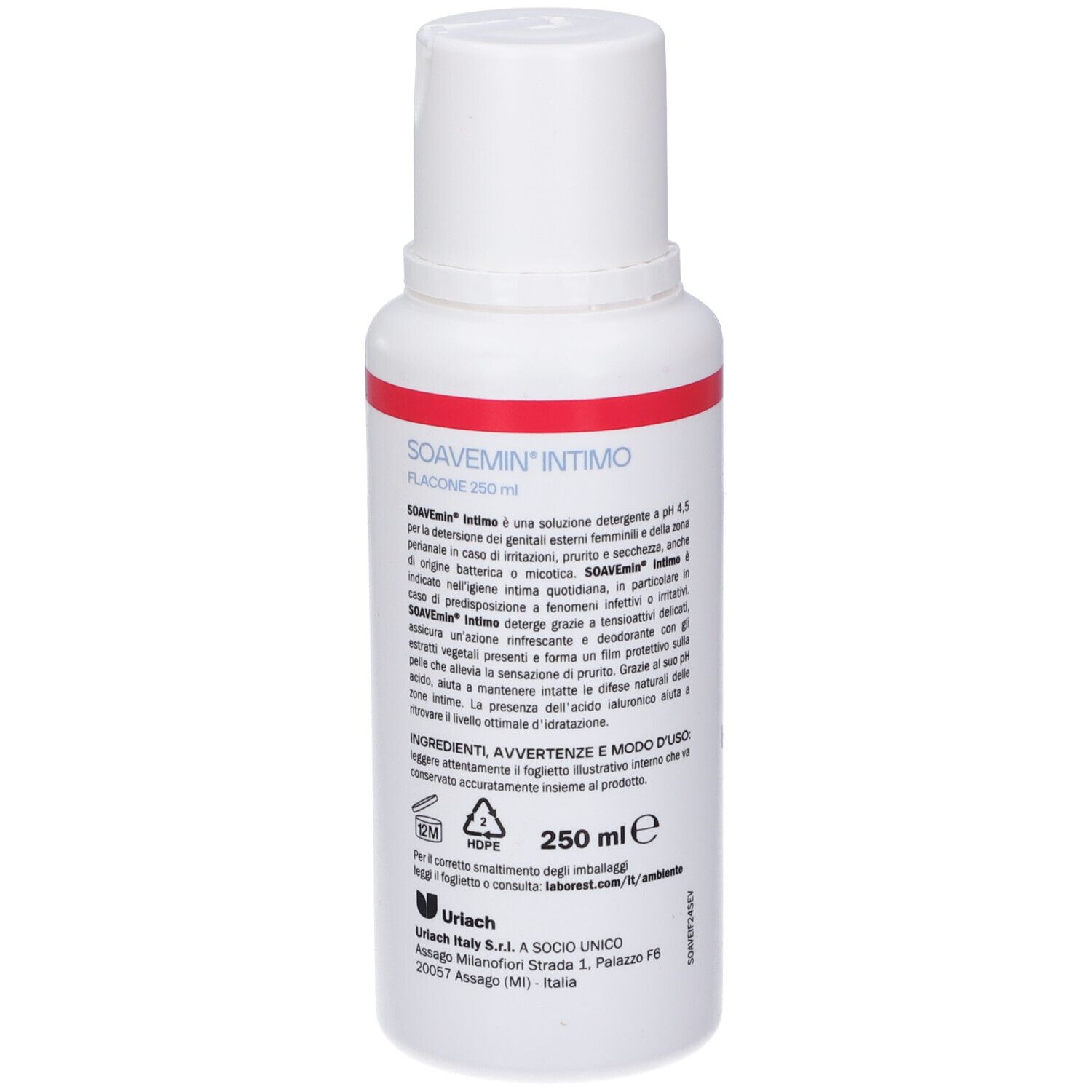 Weiße Flasche mit rotem Streifen, 250 ml, mit italienischer Beschriftung.