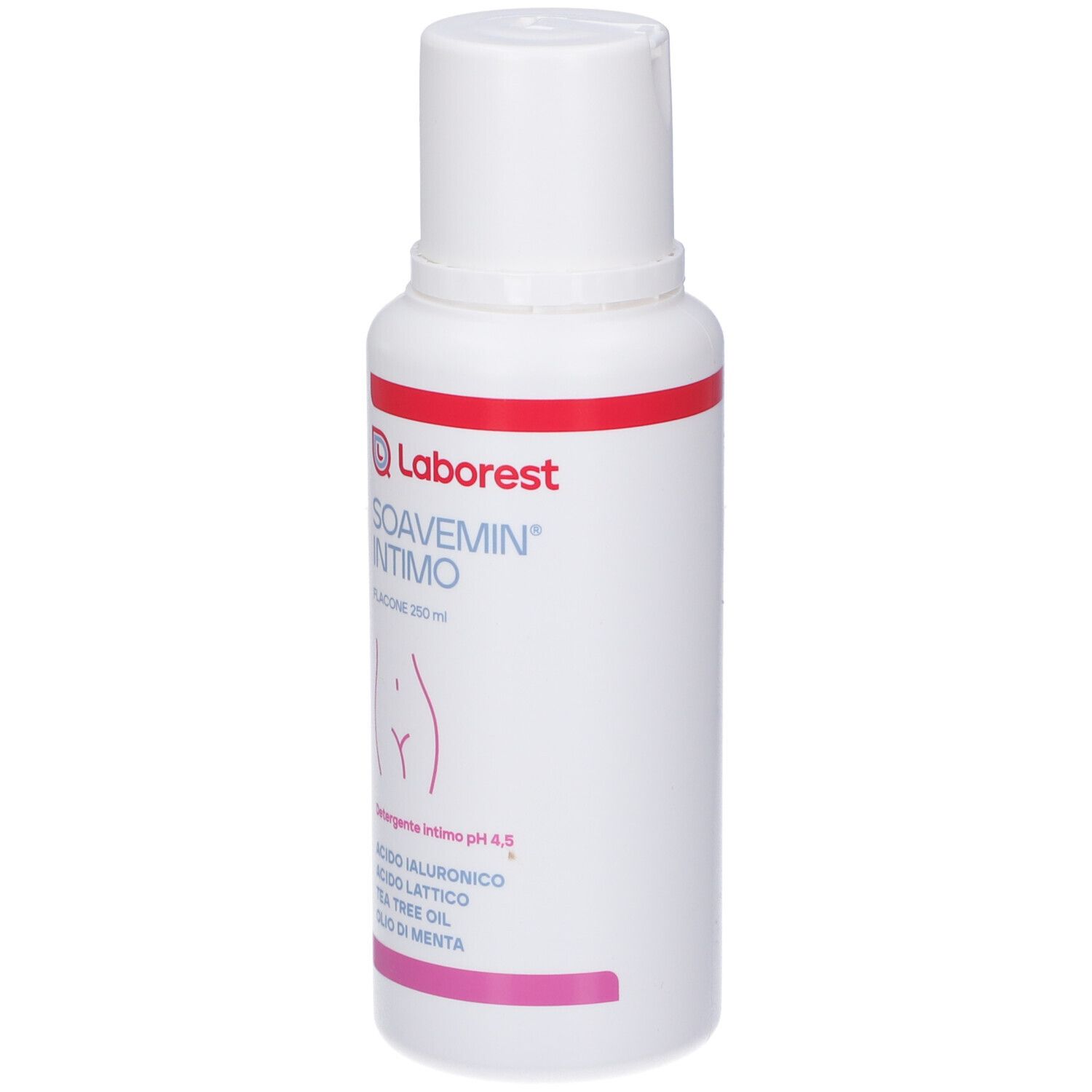Laborst SOAVEMIN INTMO Intimreiniger, 200ml Flasche mit rotem und rosa Band.
