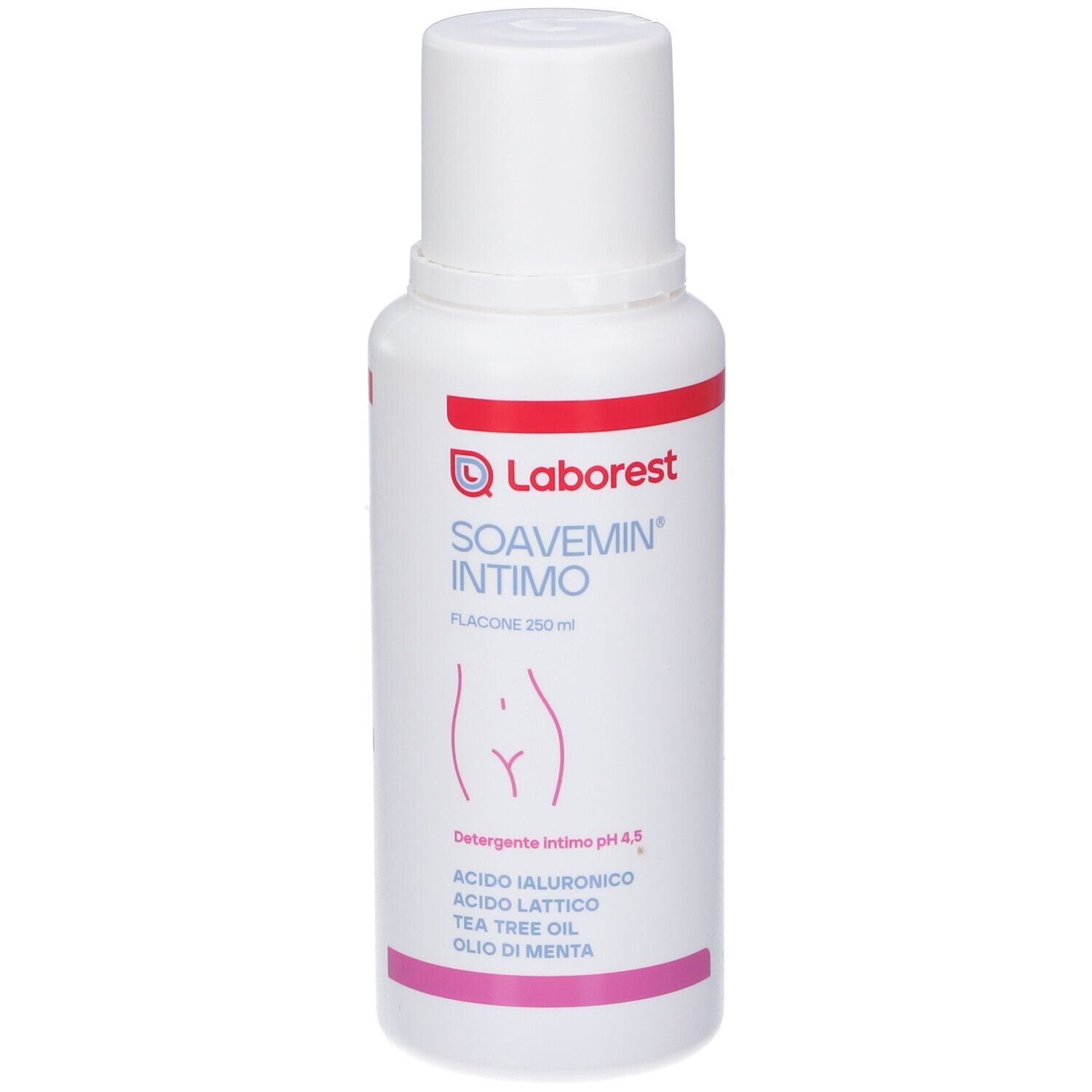 Labor_SOAVEMIN_INTIMO 250ml Flasche mit Intimpflege-Symbol. Enthält Hyaluronsäure, Milchsäure, Teebaumöl.