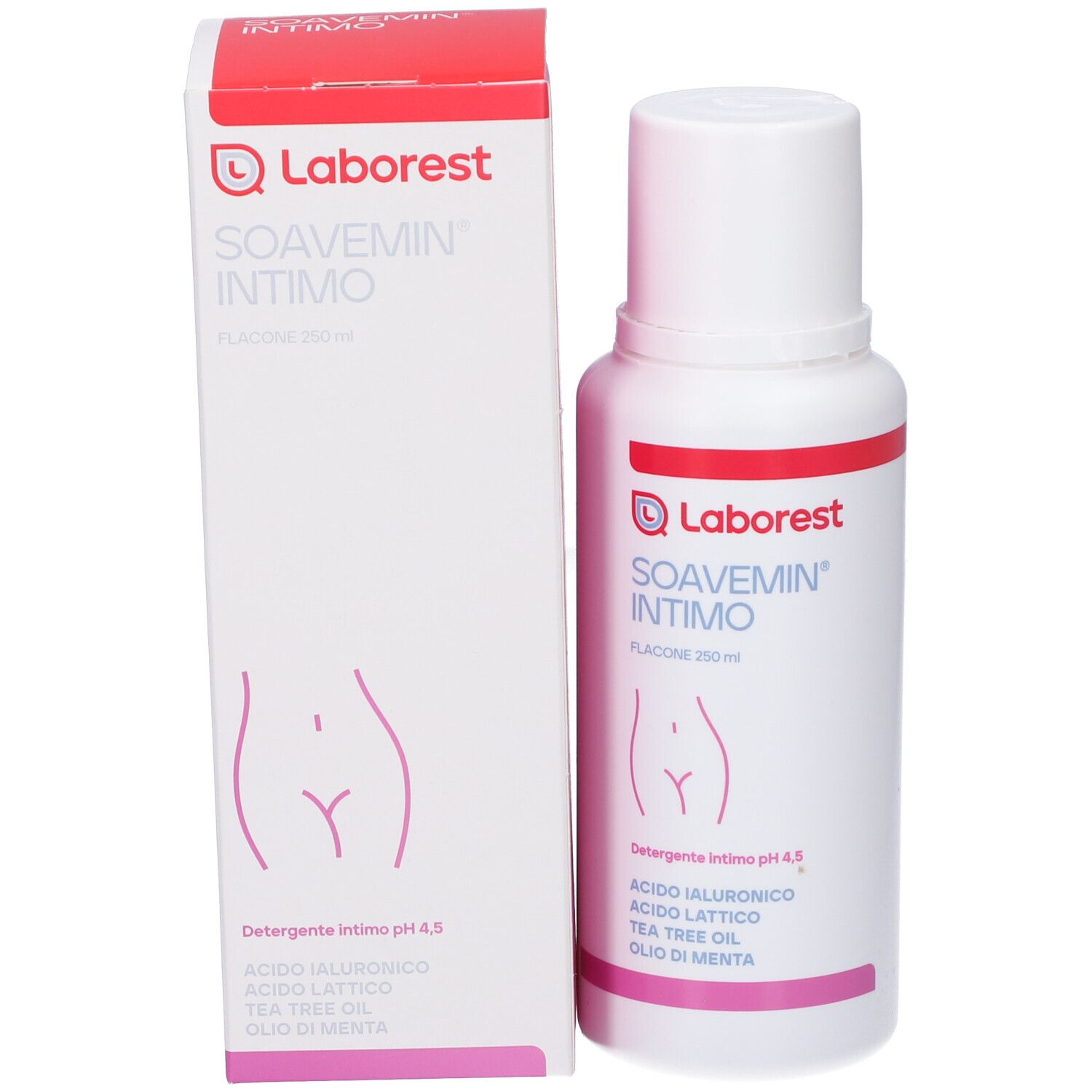 Laborrest SOAVEMIN INTIMO Intimreiniger, 250 ml Flasche und Karton.