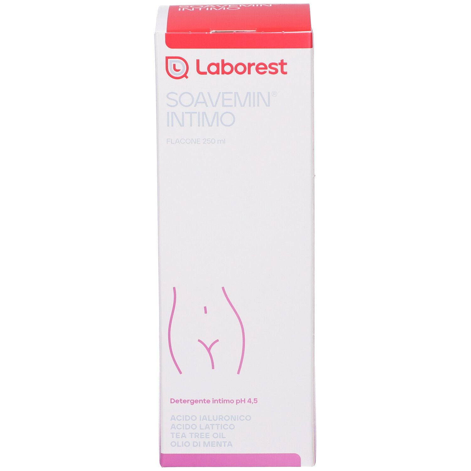 Laborrest SOAVEMIN INTIMO Packung mit Intimbereich-Symbol. Enthält Hyaluronsäure, Milchsäure, Teebaumöl.