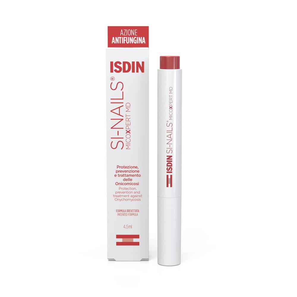 ISDIN Si-Nails Micoxpert MD. Tubo bianco con punta rossa e confezione. Testo: Azione Antifungina.