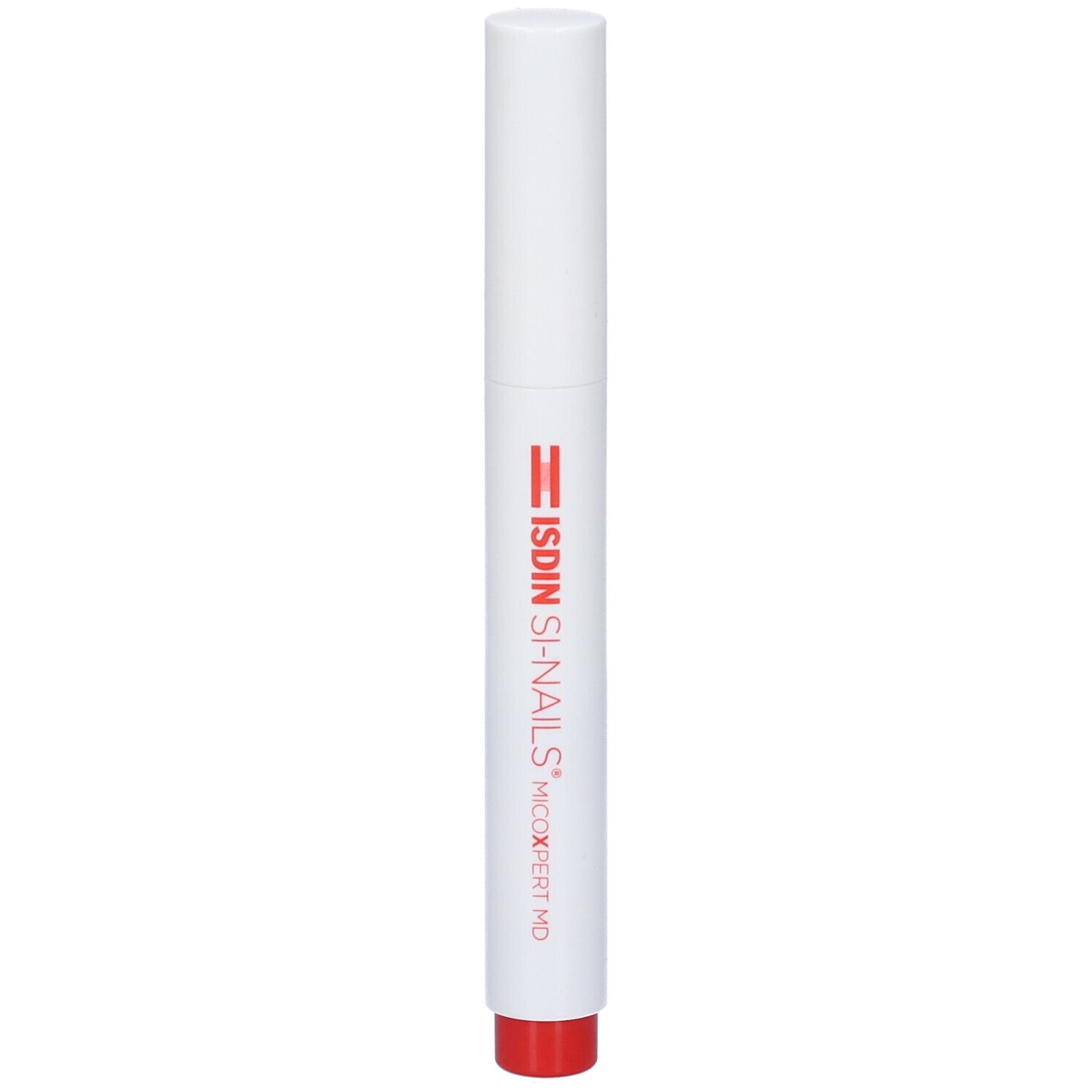 ISDIN Si-Nails Micoxpert MD. Tubo bianco con punta rossa. Vista verticale.