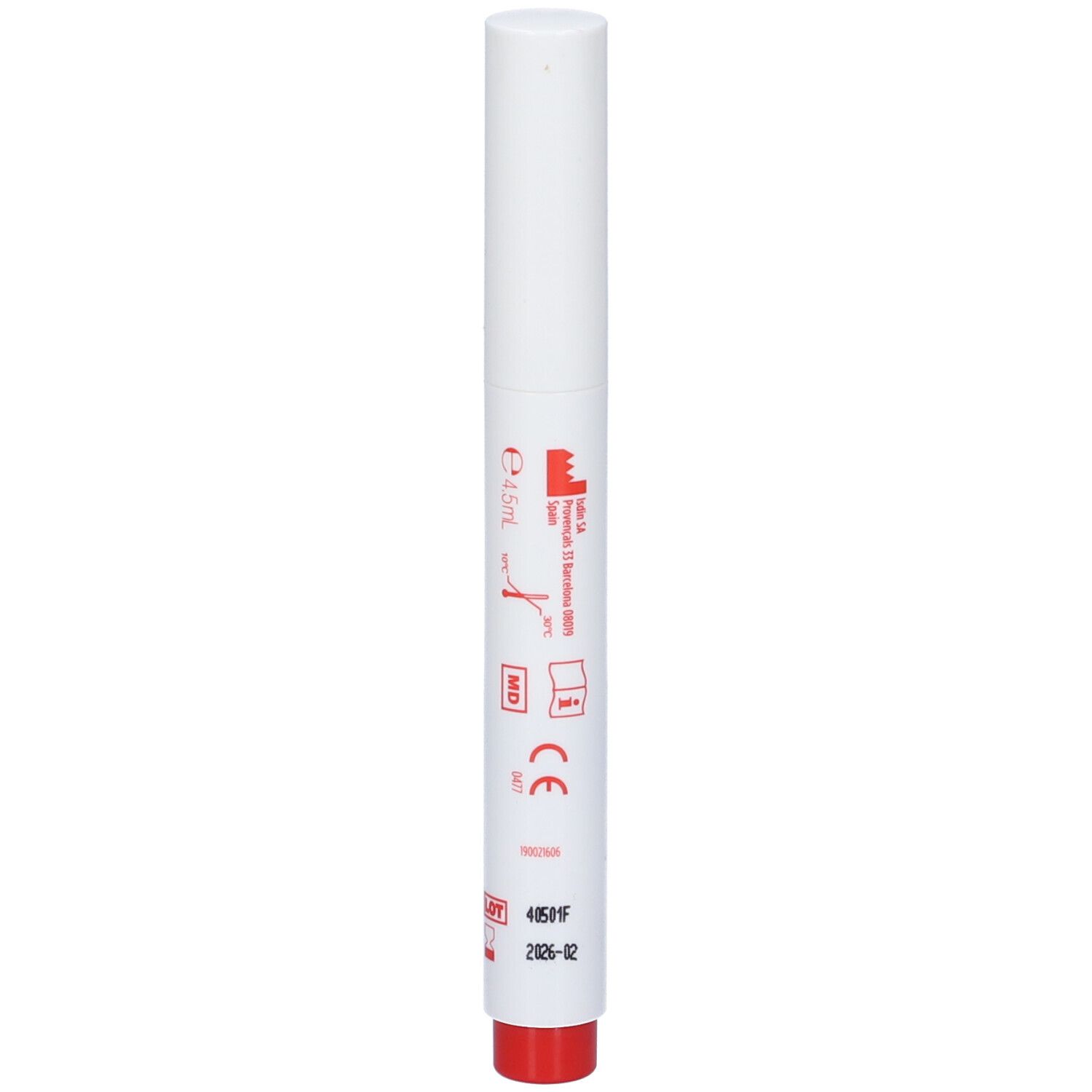 ISDIN Si-Nails Micoxpert MD. Tubo bianco con punta rossa. Vista verticale.
