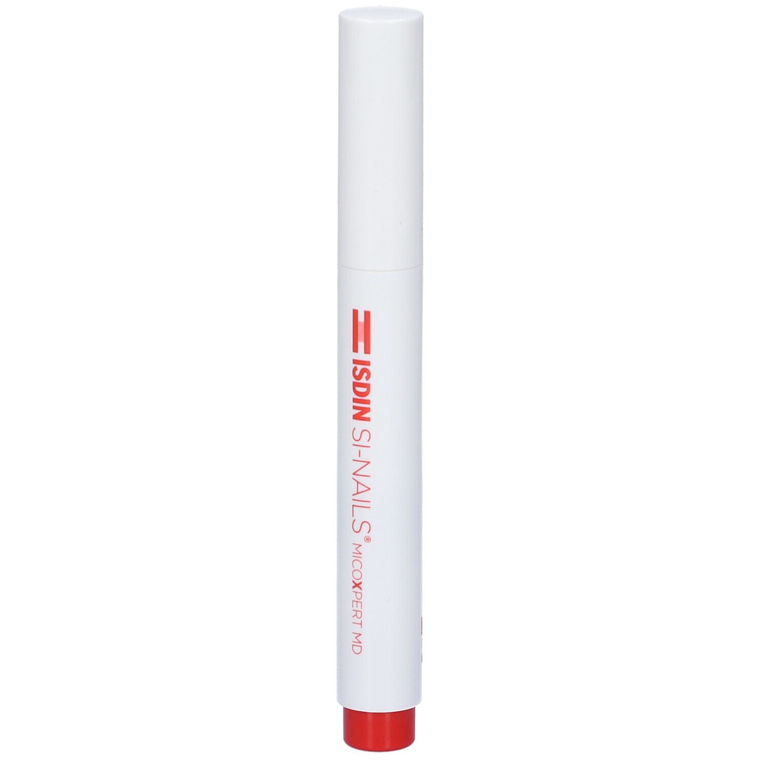ISDIN Si-Nails Micoxpert MD. Tubo bianco con punta rossa. Vista verticale.
