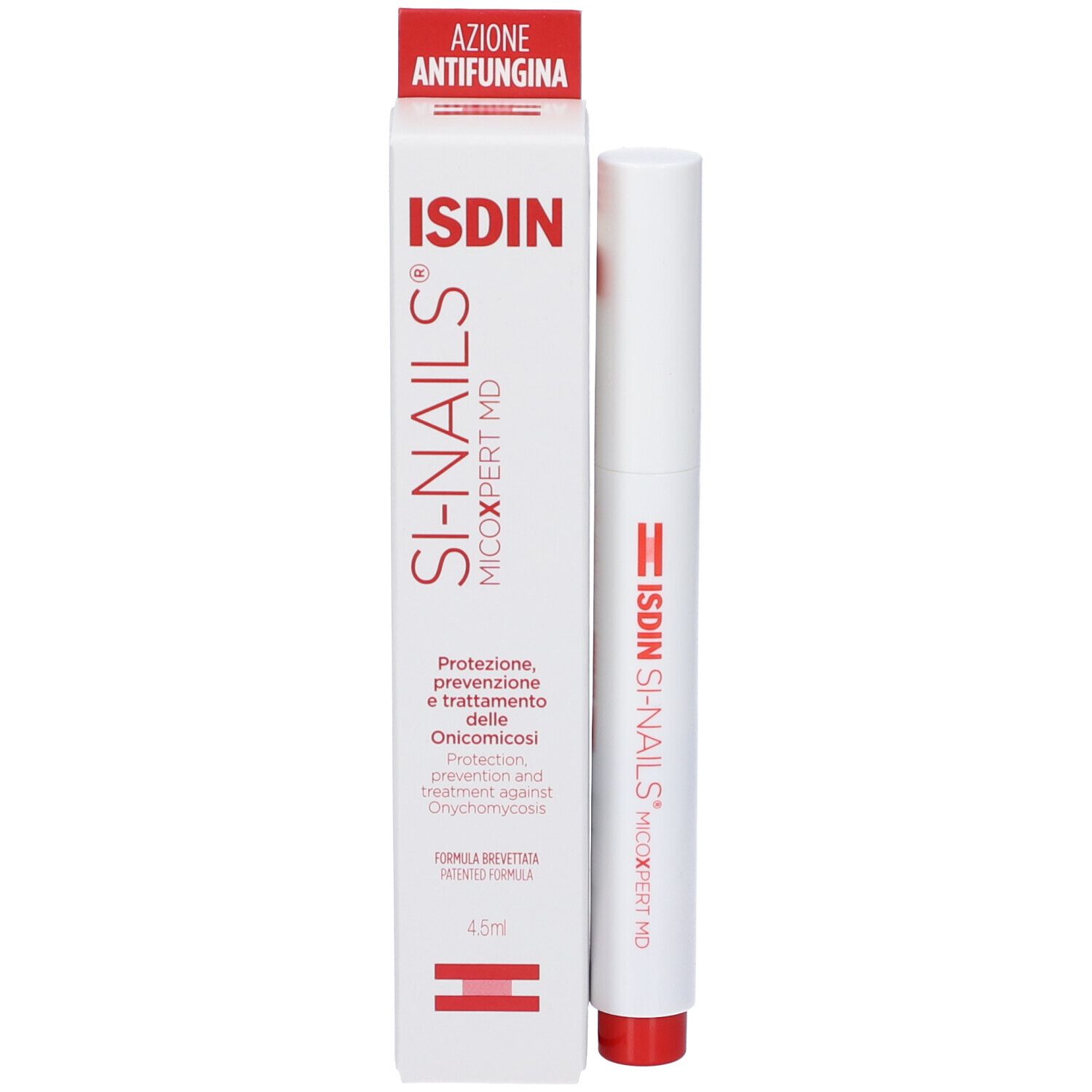 ISDIN Si-Nails Micoxpert MD. Tubo bianco con punta rossa. Vista verticale.
