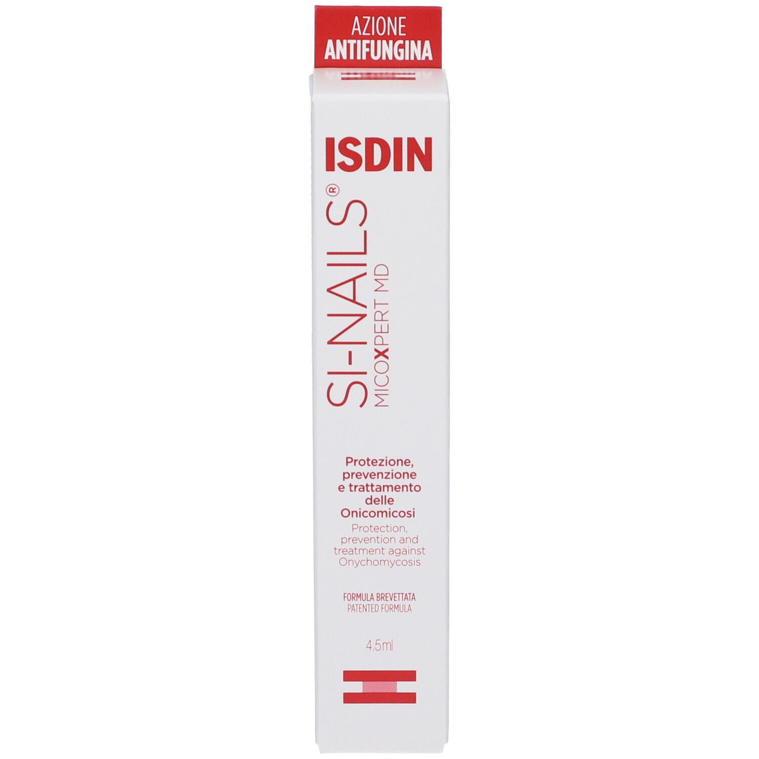 ISDIN Si-Nails Micoxpert MD. Confezione e tubo. Testo: Azione Antifungina.