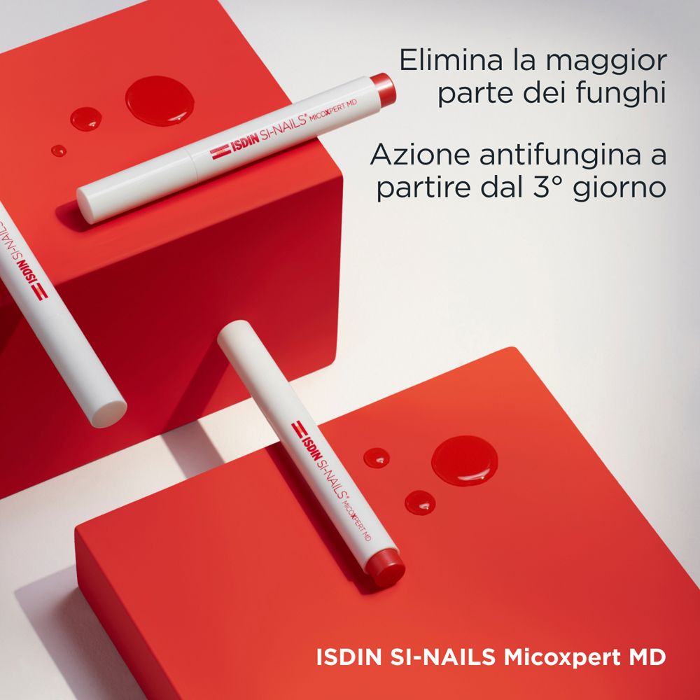 ISDIN Si-Nails Micoxpert MD. Tre tubi bianchi su blocchi rossi. Testo: Azione Antifungina.