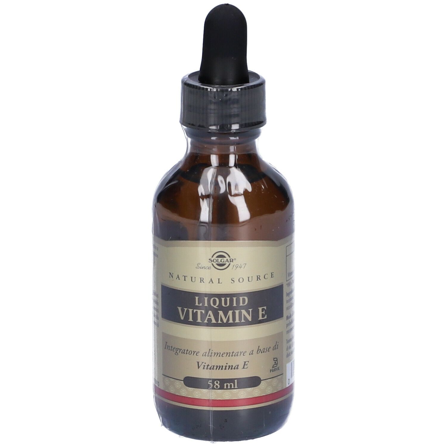 Flacone di vetro marrone con contagocce nero. Scritta: Liquid Vitamin E, 58 ml. Marchio: Solgar.