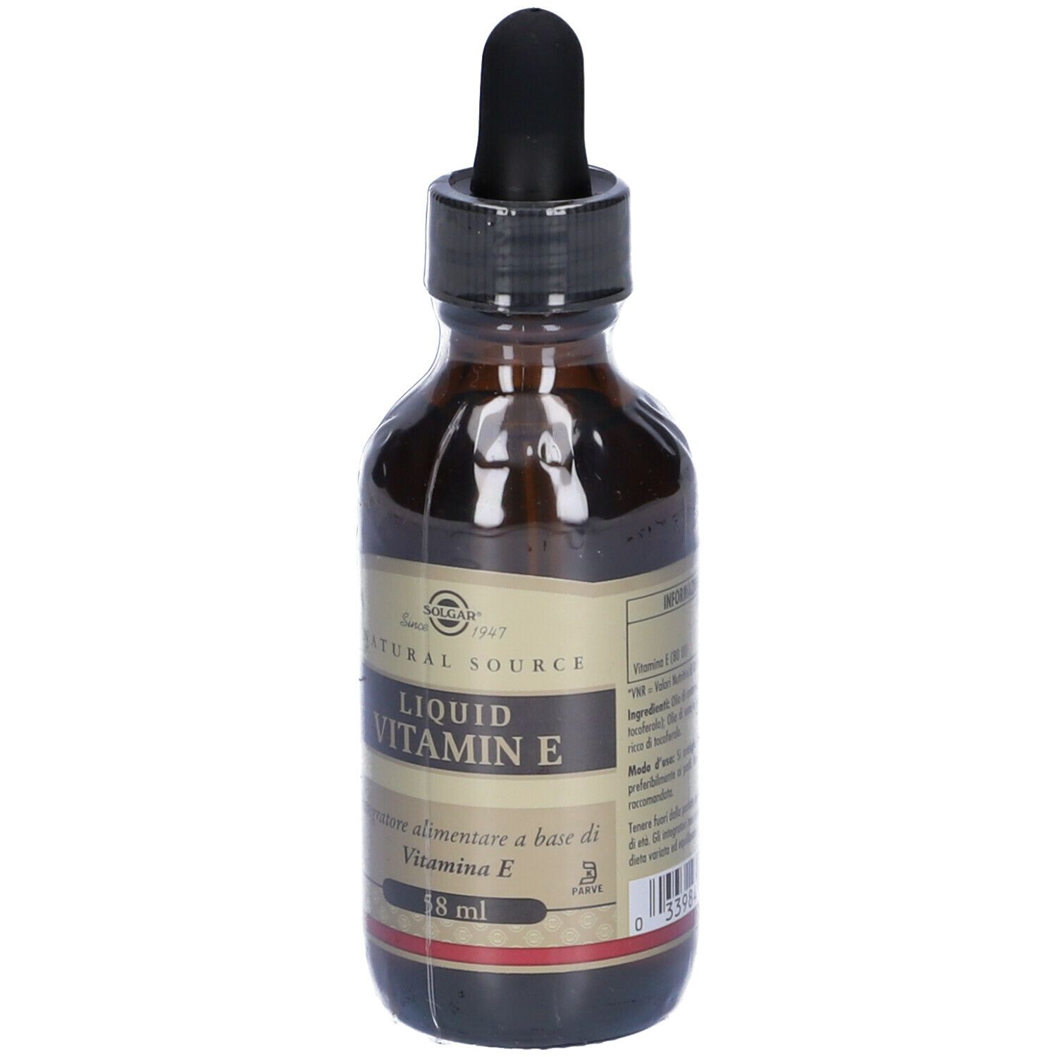 Flacone di vetro marrone con contagocce nero. Scritta: Liquid Vitamin E, 58 ml. Marchio: Solgar.