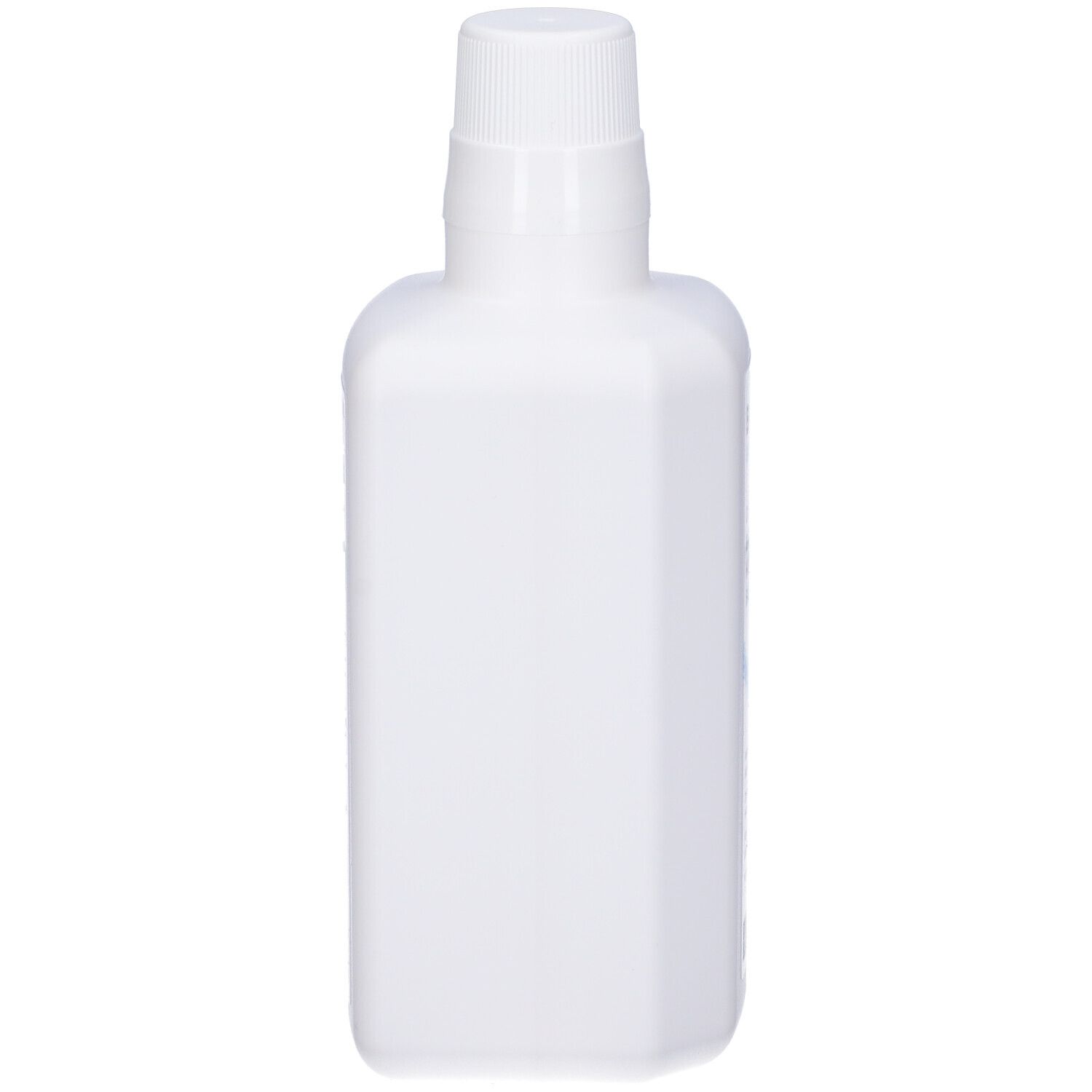 Weiße, rechteckige Flasche mit weißem Schraubverschluss.