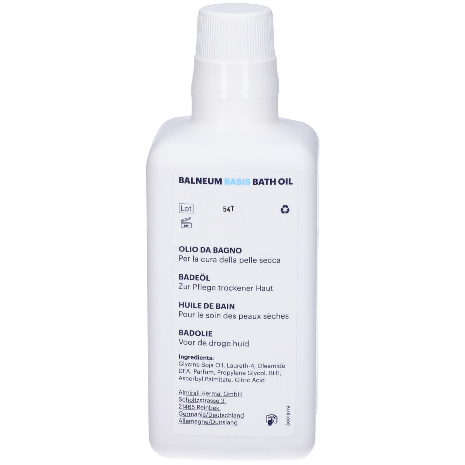 Weiße Flasche mit BALNEUM BASIS BATH OIL Aufschrift. Enthält Badeöl für trockene Haut.