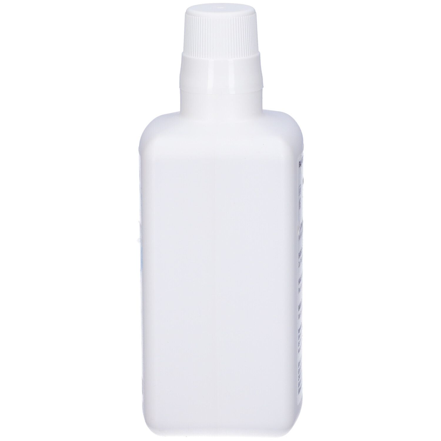 Weiße Kunststoffflasche mit weißem Schraubverschluss.