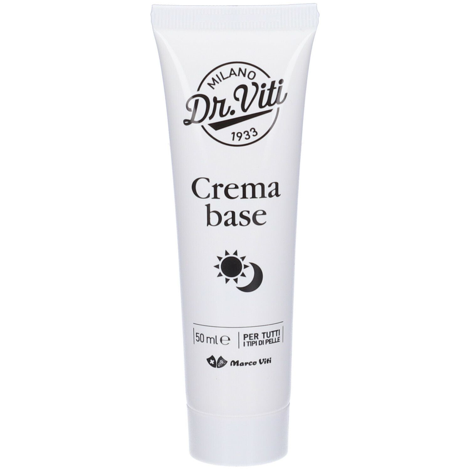 Tubo bianco con stampa nera. Logo Dr. Viti, scritta 'Crema base', simbolo sole/luna. Scritta: 'Per tutti i tipi di pelle'.