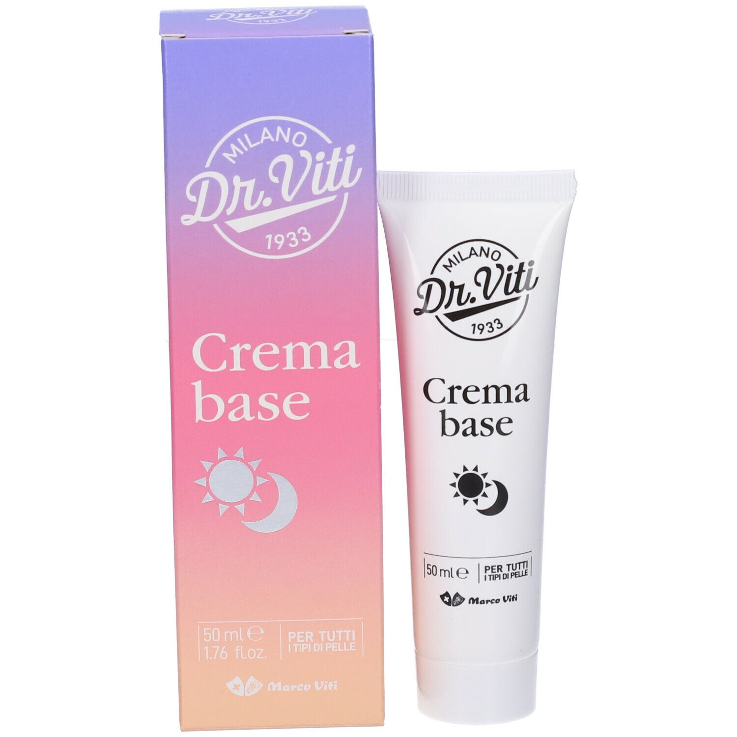 Confezione e tubo. Confezione: sfumatura lilla/rosa, logo Dr. Viti, scritta 'Crema base'. Tubo: identico a IT947154237-p10.