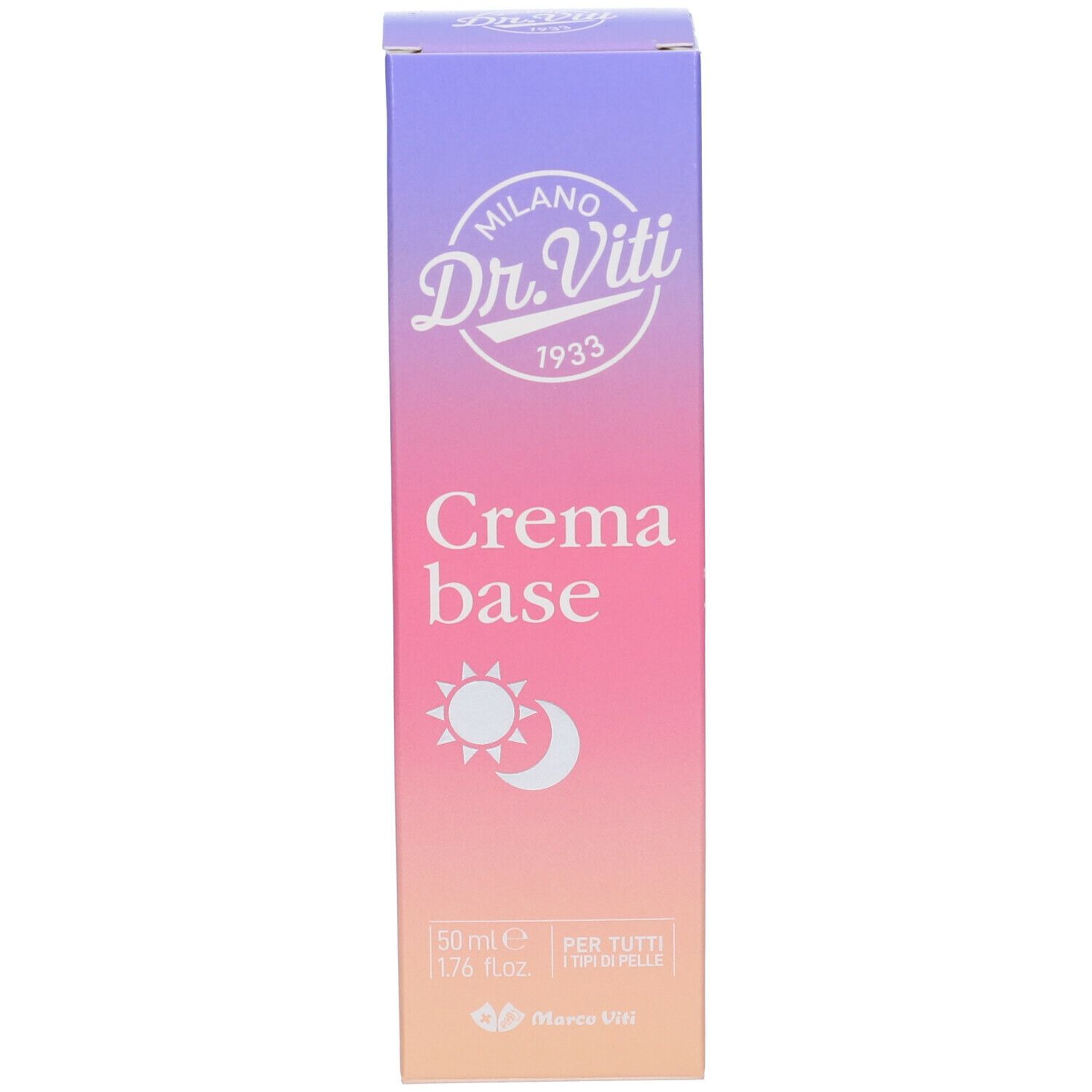 Confezione. Sfumatura lilla/rosa. Logo Dr. Viti, scritta 'Crema base', simbolo sole/luna. Scritta: 'Per tutti i tipi di pelle'.