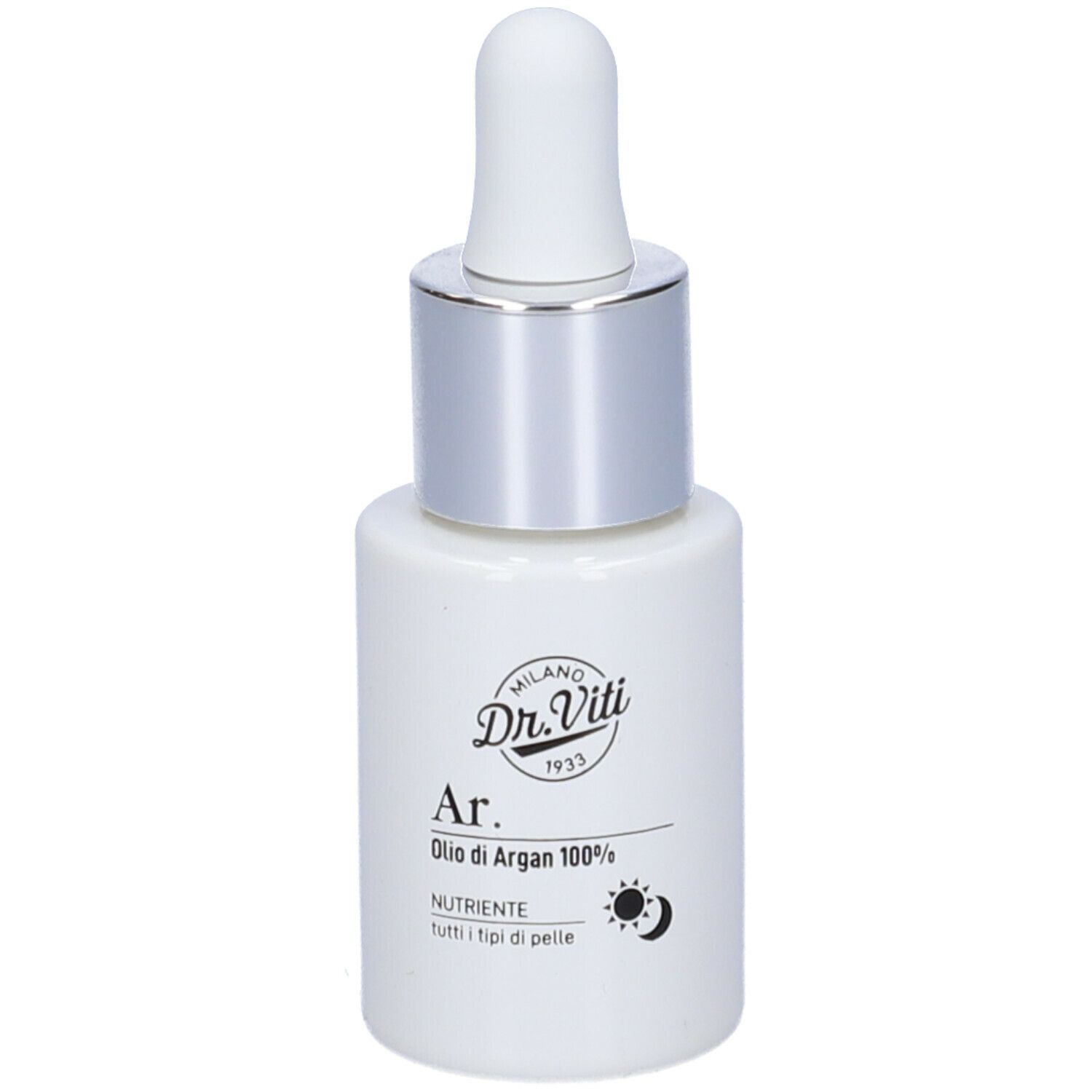 Flacone bianco con tappo argento e pipetta. Scritta: Dr. Viti, Ar. Olio di Argan 100%.