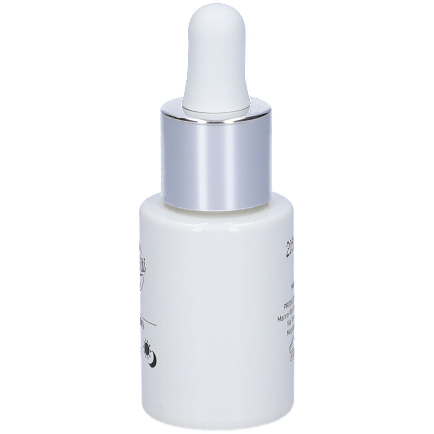 Flacone bianco con tappo argento e pipetta. Retro con testo e logo.