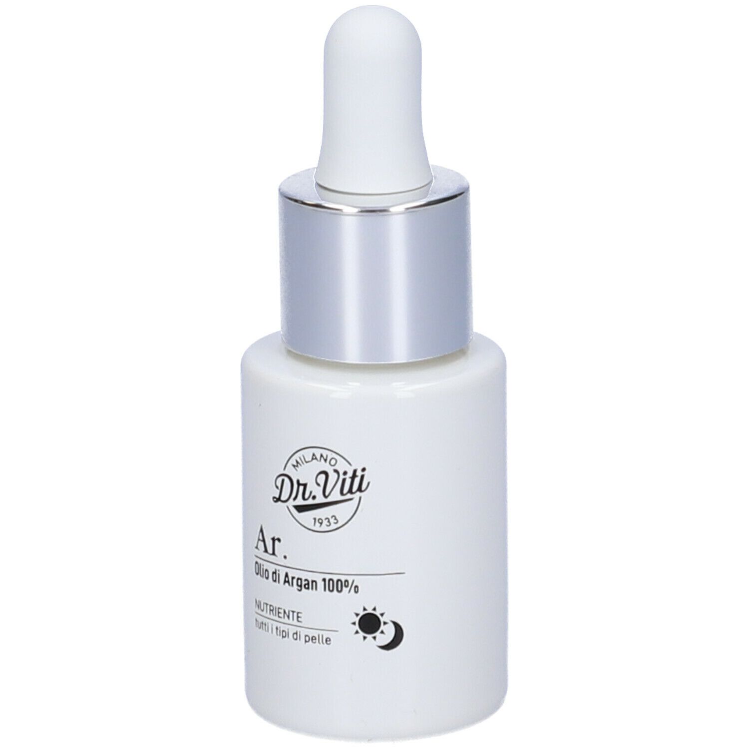 Flacone bianco con tappo argento e pipetta. Scritta: Dr. Viti, Ar. Olio di Argan 100%.