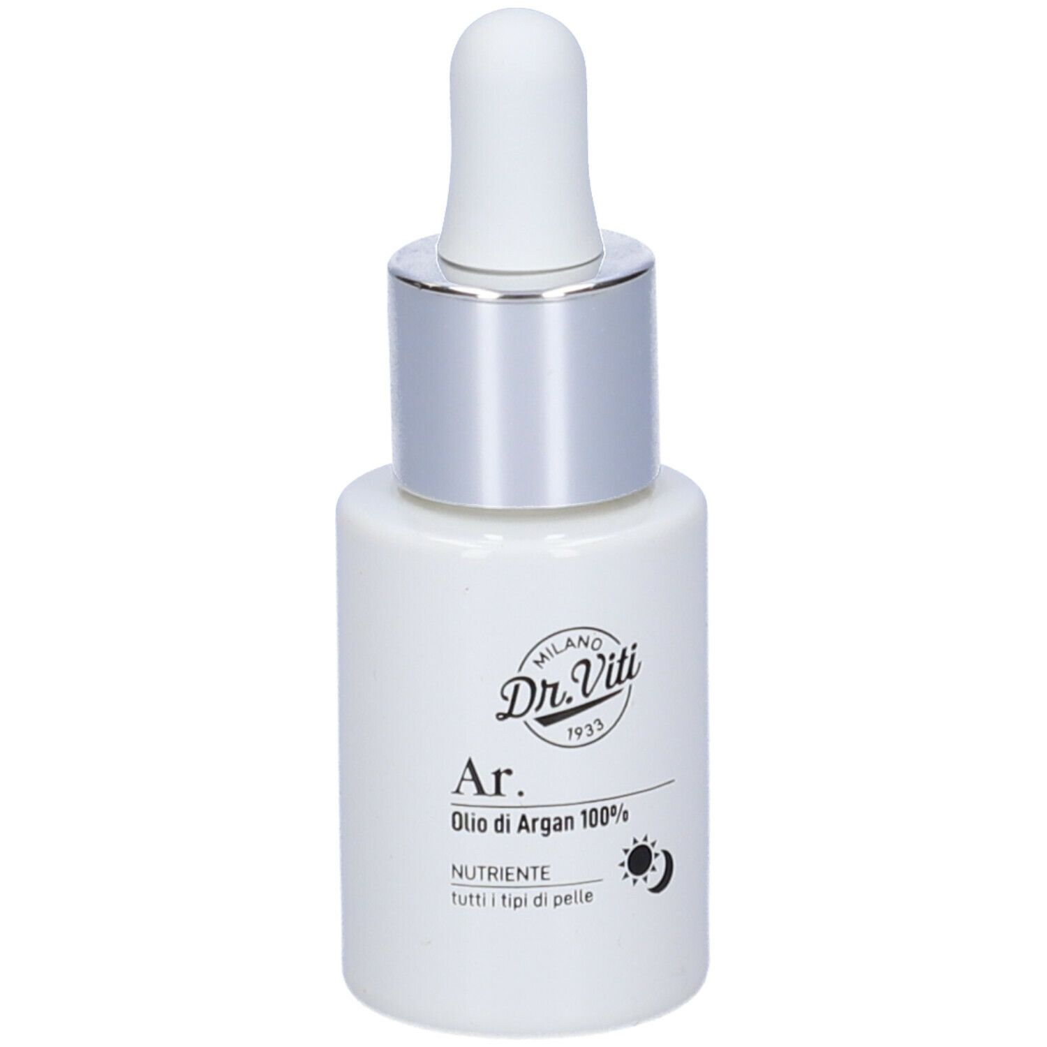 Flacone bianco con tappo argento e pipetta. Scritta: Dr. Viti, Ar. Olio di Argan 100%.